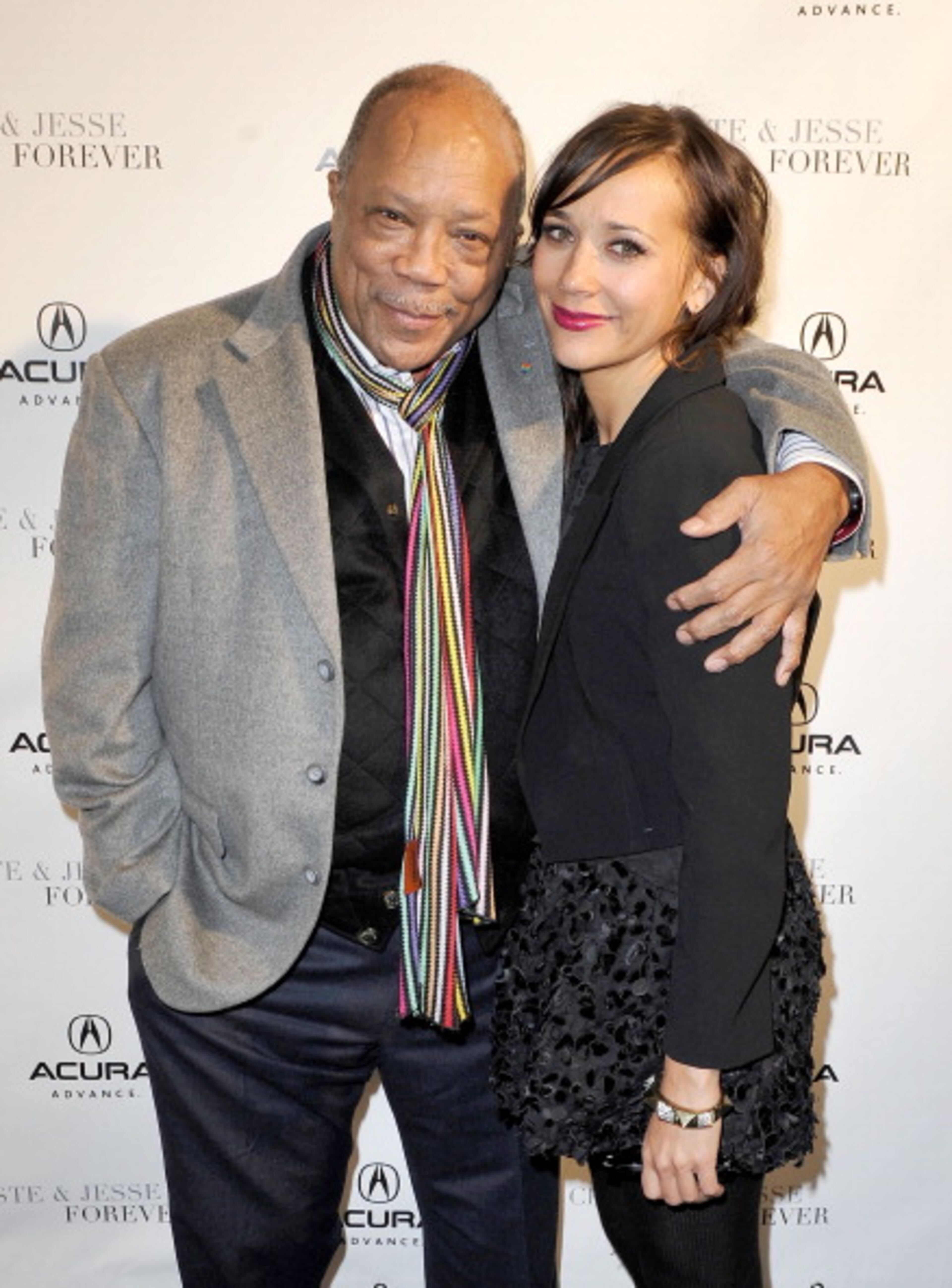 PARK CITY, UT - JANUARY 20: Producer Quincy Jones (L) and actress Rashida Jones attend the "Celeste and Jesse Forever" dinner held at Acura Studio on January 20, 2012 in Park City, Utah. (Photo by Jerod Harris/Getty Images for Acura)