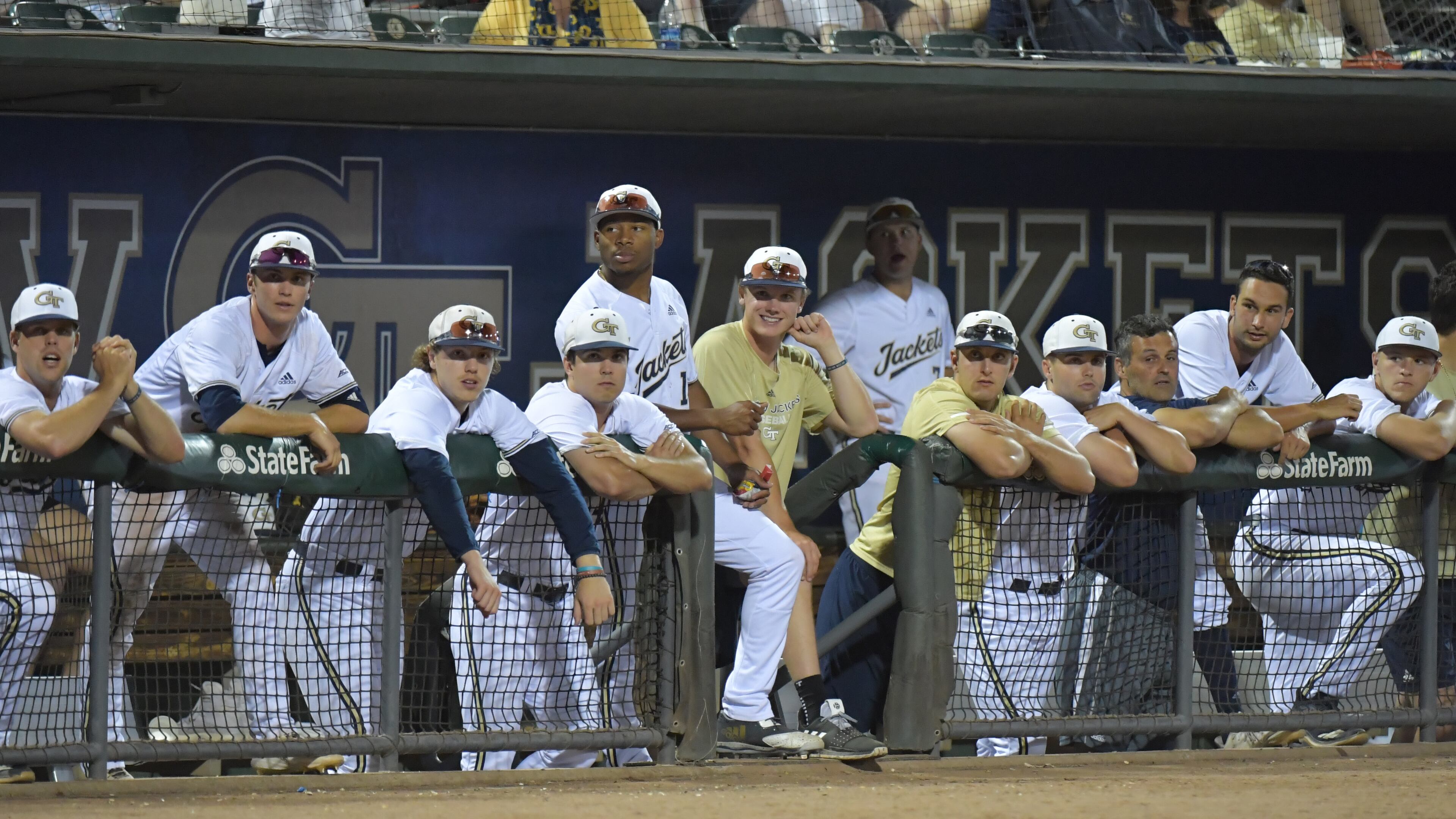 May 31, 2019 Atlanta - Georgia Tech watch from their dugout in the 8th inning during the first game of the NCAA regionals at Russ Chandler Stadium in Georgia Tech campus on Friday, May 31, 2019. Georgia Tech won 13-2 over the Florida A&M. HYOSUB SHIN / HSHIN@AJC.COM