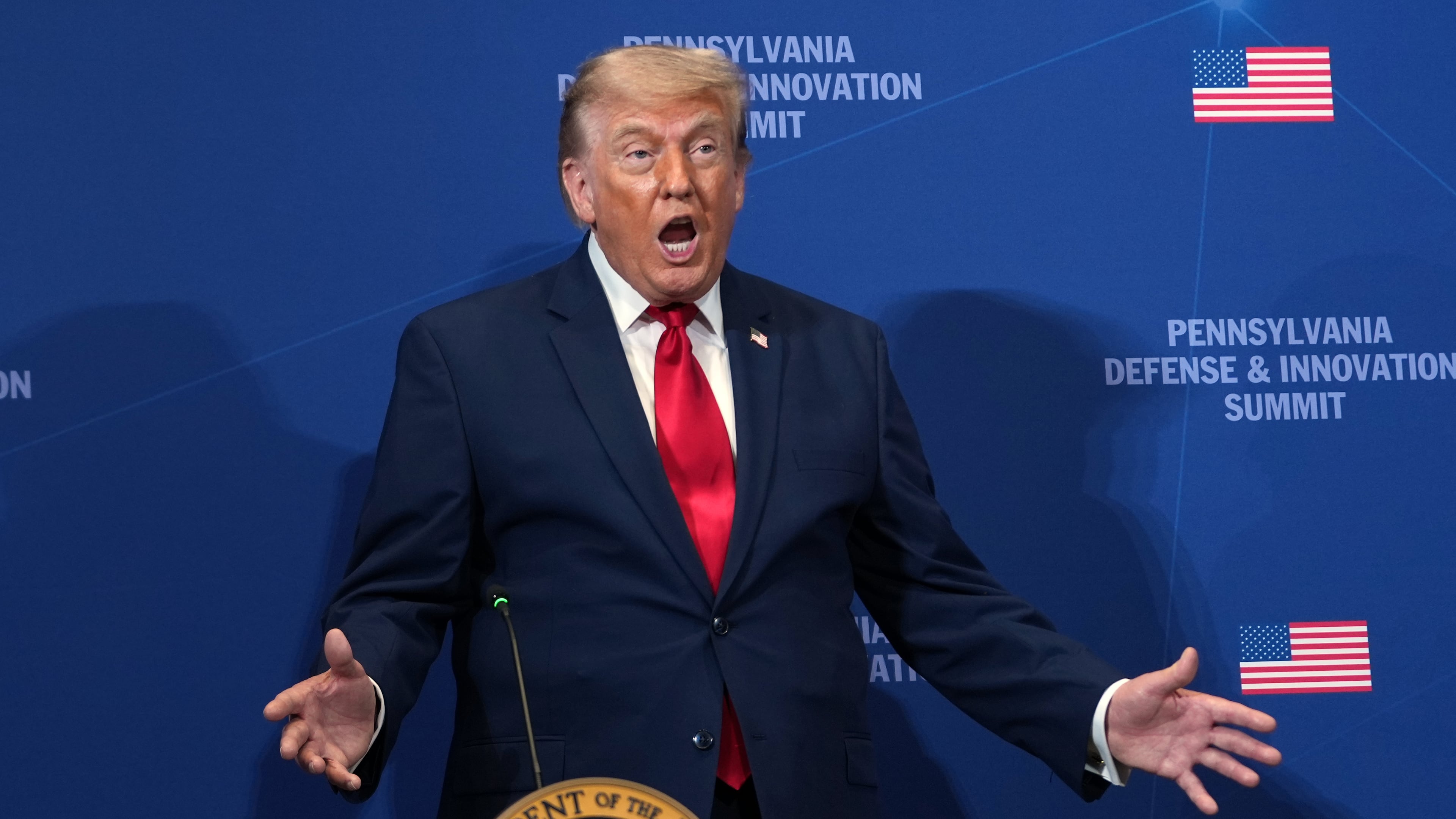 President Donald Trump speaks at the United States Army War College in Carlisle, Pa., during the Pennsylvania Defense and Innovation Summit, Wednesday, July 15, 2026. (AP Photo/Julia Demaree Nikhinson)