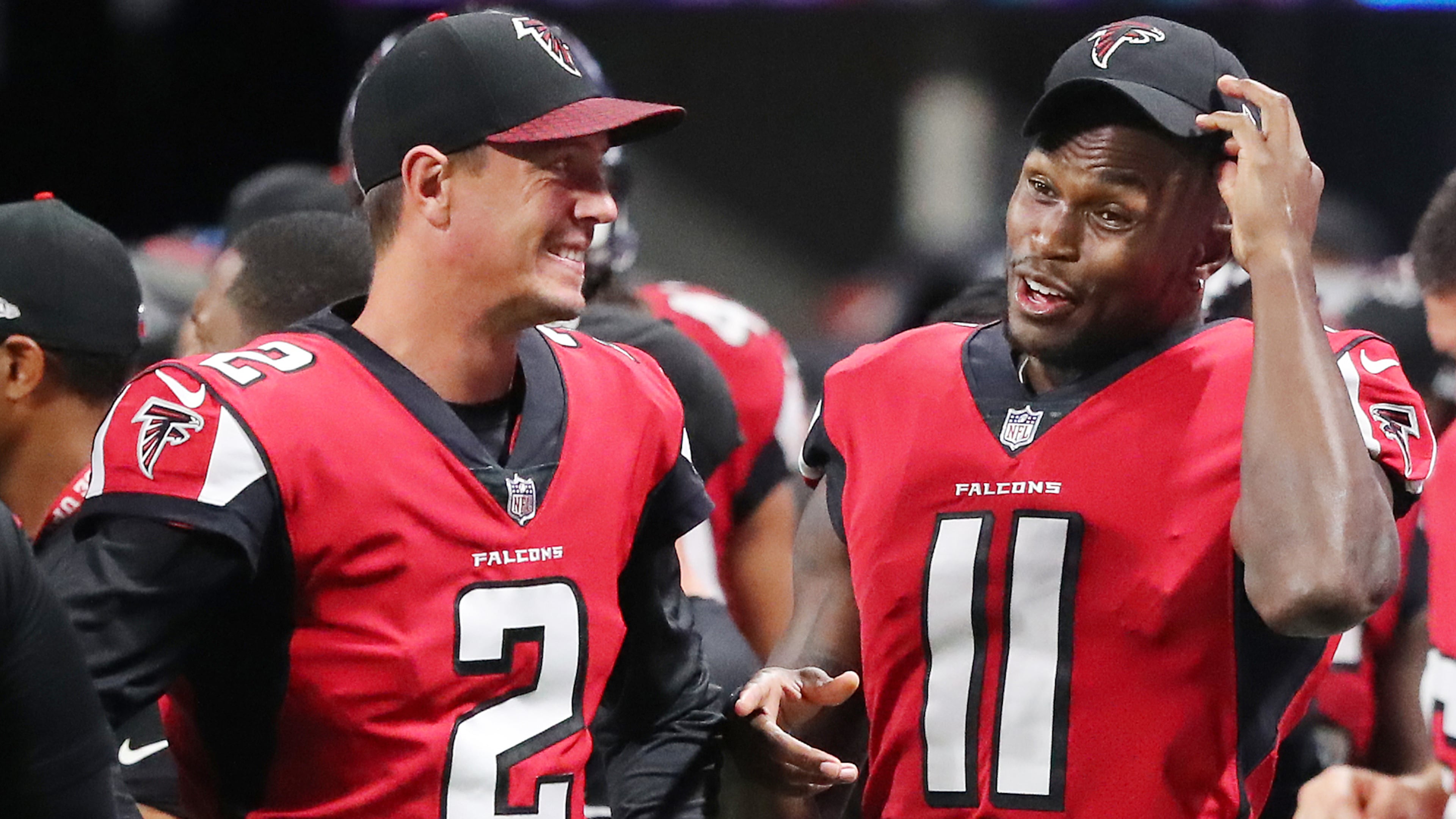 August 31, 2017 Atlanta: Falcons quarterback Matt Ryan and wide reciever Julio Jones, who both did not play in the game, share a laugh on the sidelines during the 4th quarter of their final preseason game against the Jaguars in a NFL football game on Thursday, August 31, 2017, in Atlanta. Curtis Compton/ccompton@ajc.com