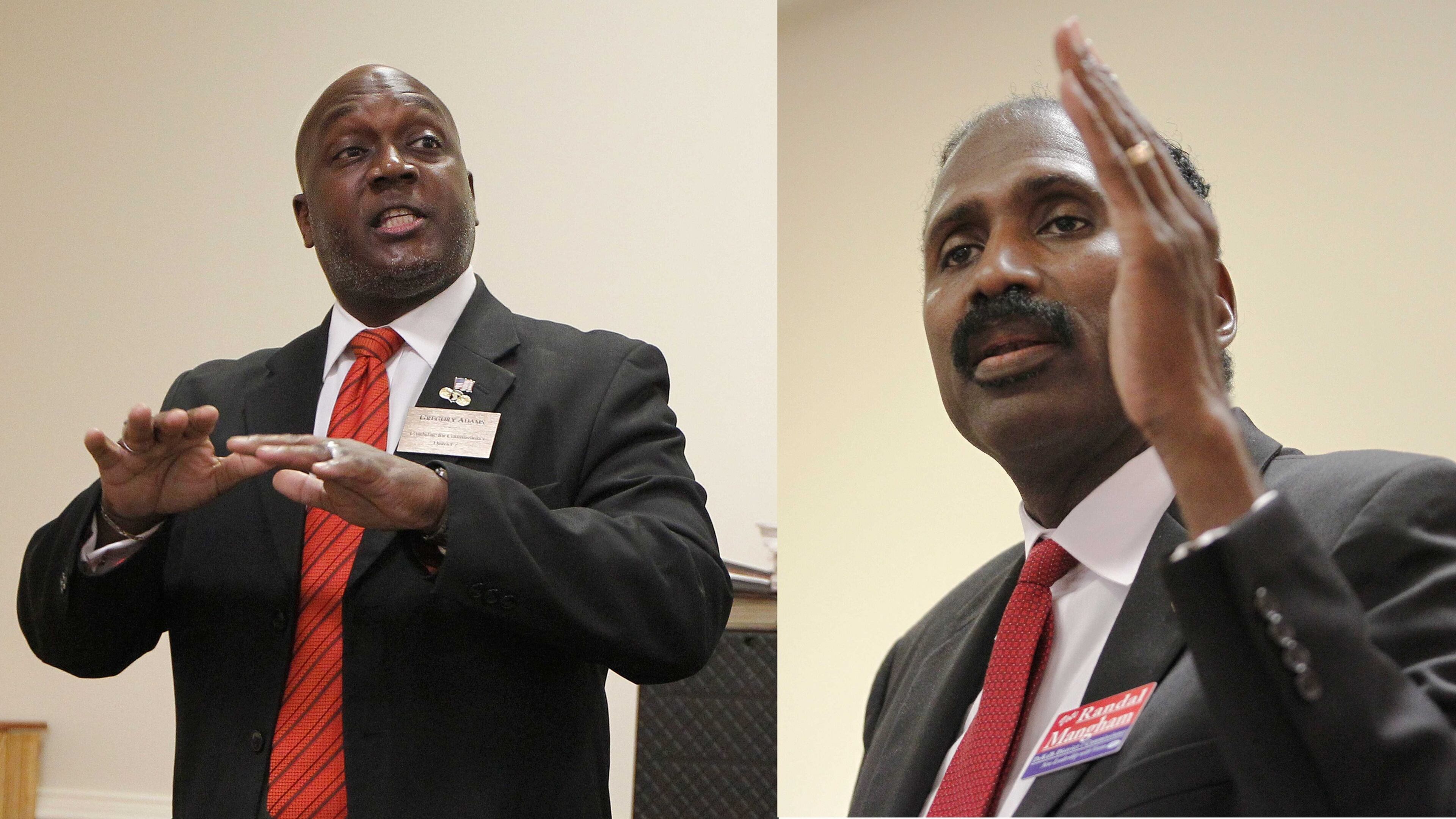 Voters will choose between Greg Adams, left, and Randal Mangham in a Dec. 6 runoff for DeKalb County Commission Super District 7.