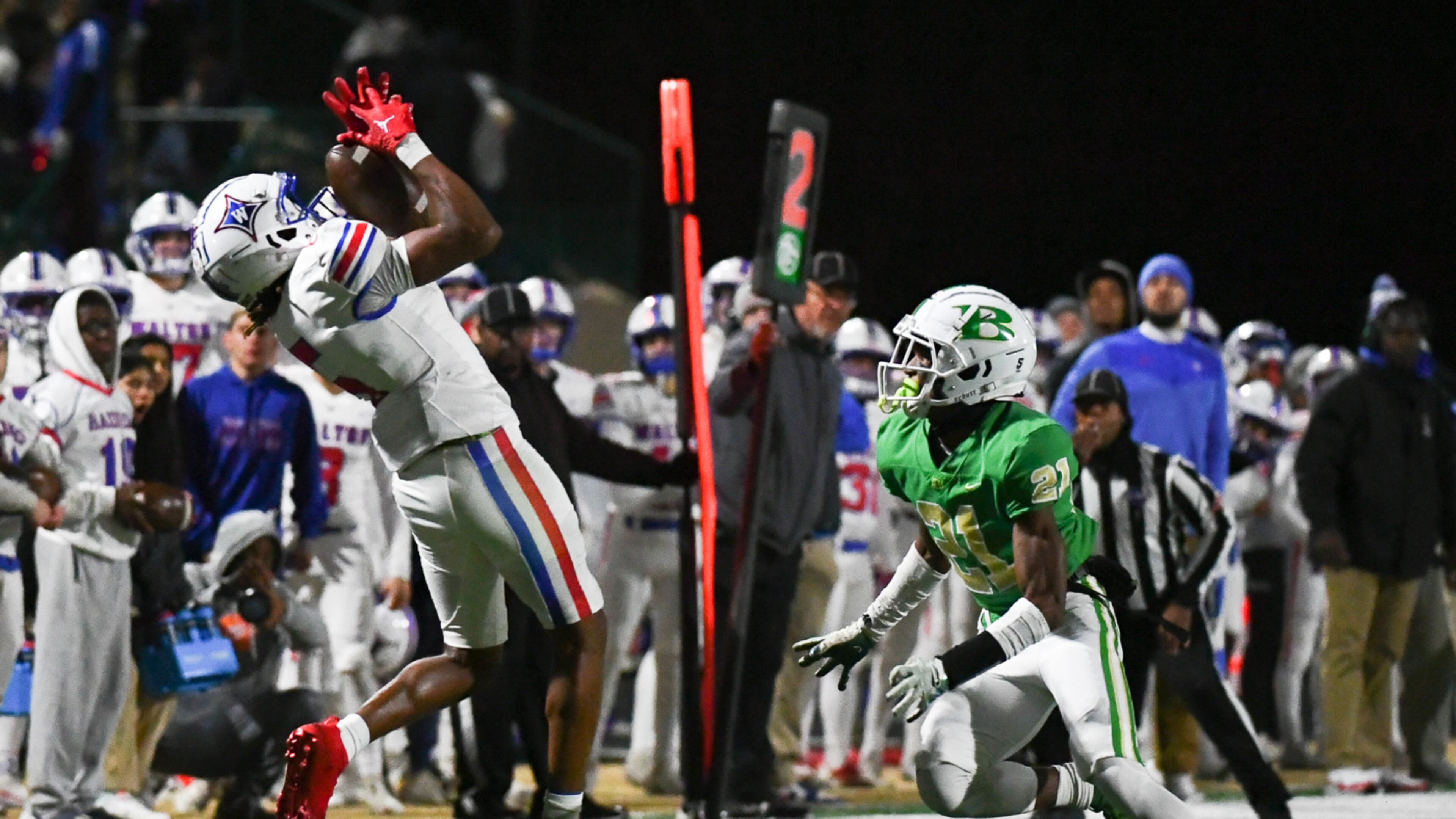 Ayden Jackson makes a catch during the Walton vs. Buford High School Football game on Friday, Nov. 18, 2022, at Buford High School in Buford, Georgia. (Jamie Spaar for the Atlanta Journal Constitution)