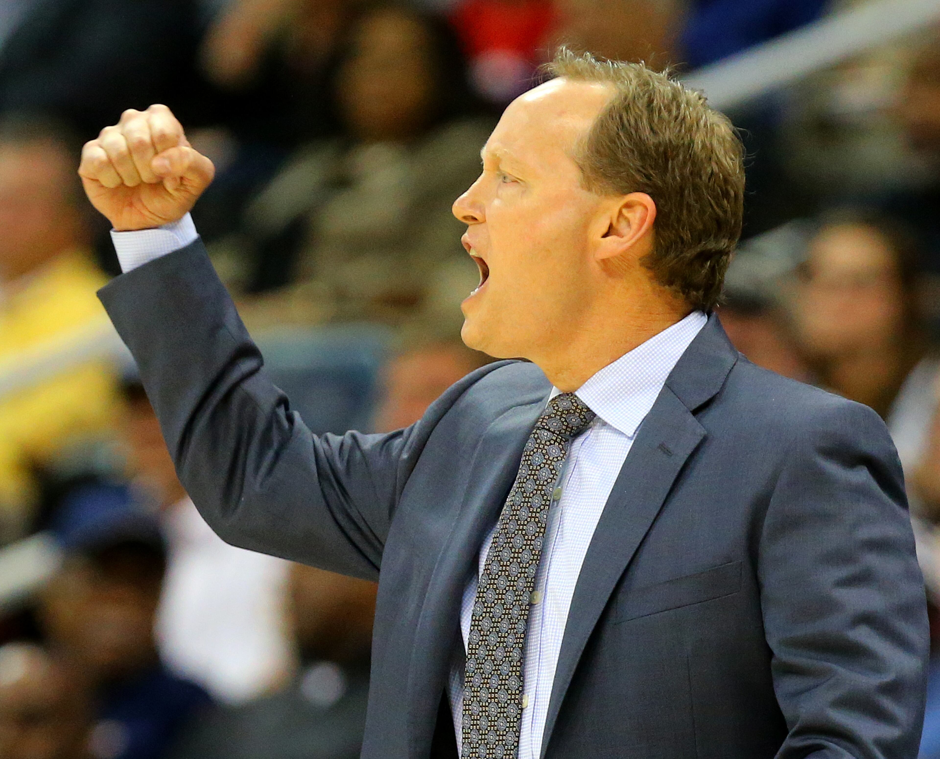 Hawks head coach Mike Budenholzer helps lead his team to a 109-105 comeback victory over the Celtics in an NBA basketball game on Tuesday, Dec. 2, 2014, in Atlanta. CURTIS COMPTON / CCOMPTON@AJC.COM