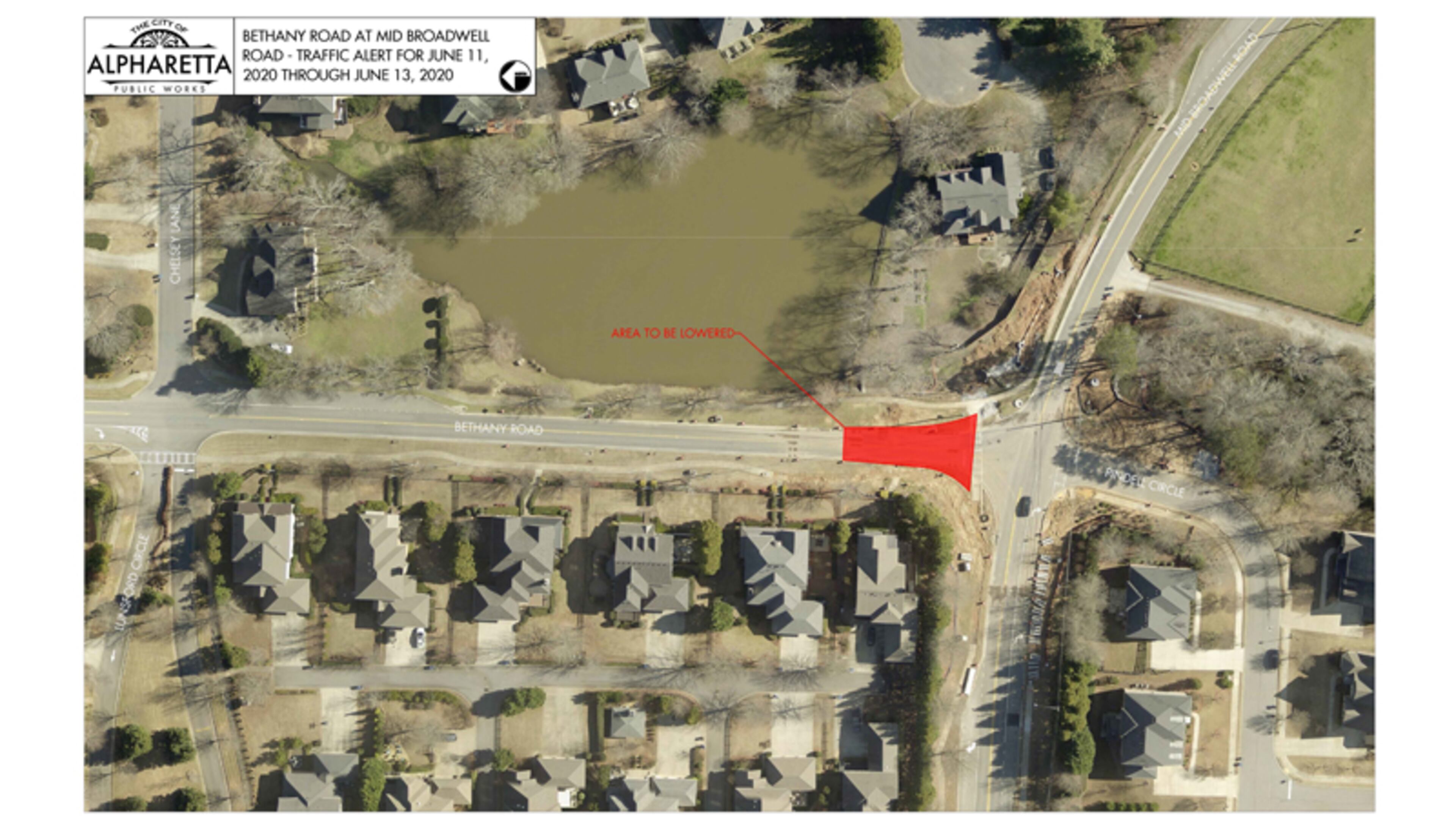 Map depicts where Bethany Road in Alpharetta will be reduced to one lane in each direction as crews lower the roadway as part of the Bethany-Mid Broadwell Road roundabout project. CITY OF ALPHARETTA