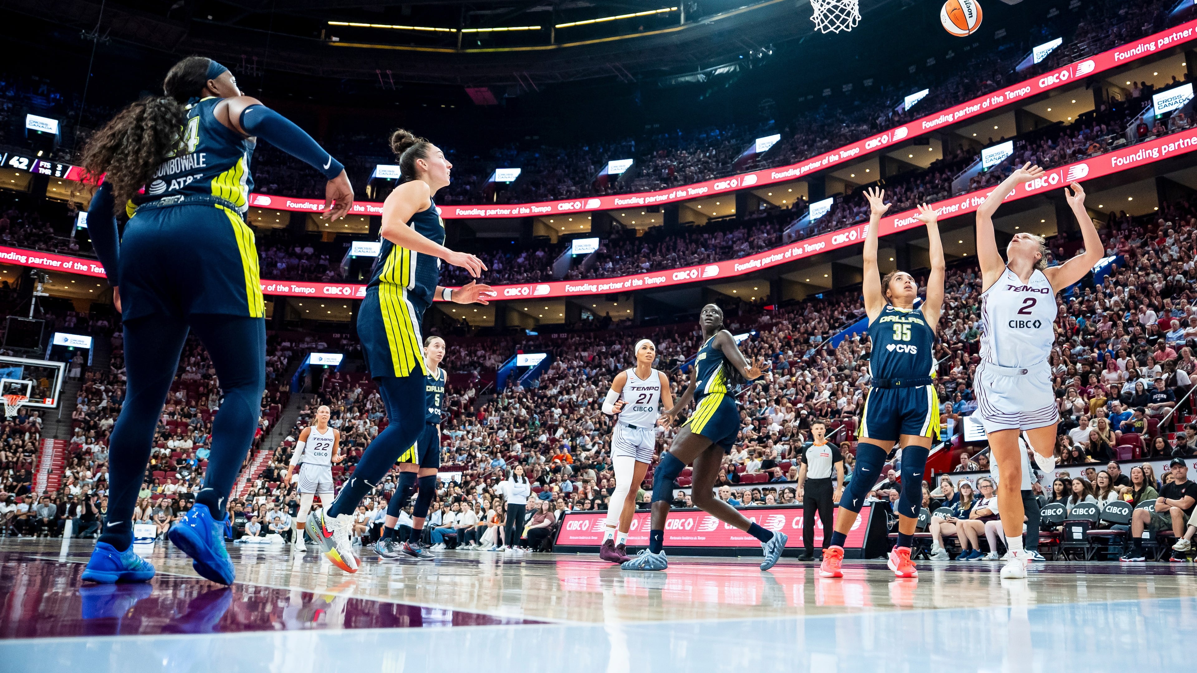 Toronto Tempo's Laura Juskaite (2 ) shoots on the Dallas Wings during first half of a WNBA basketball game, in Montreal on Friday, July 10, 2026. (Christopher Katsarov/The Canadian Press via AP)