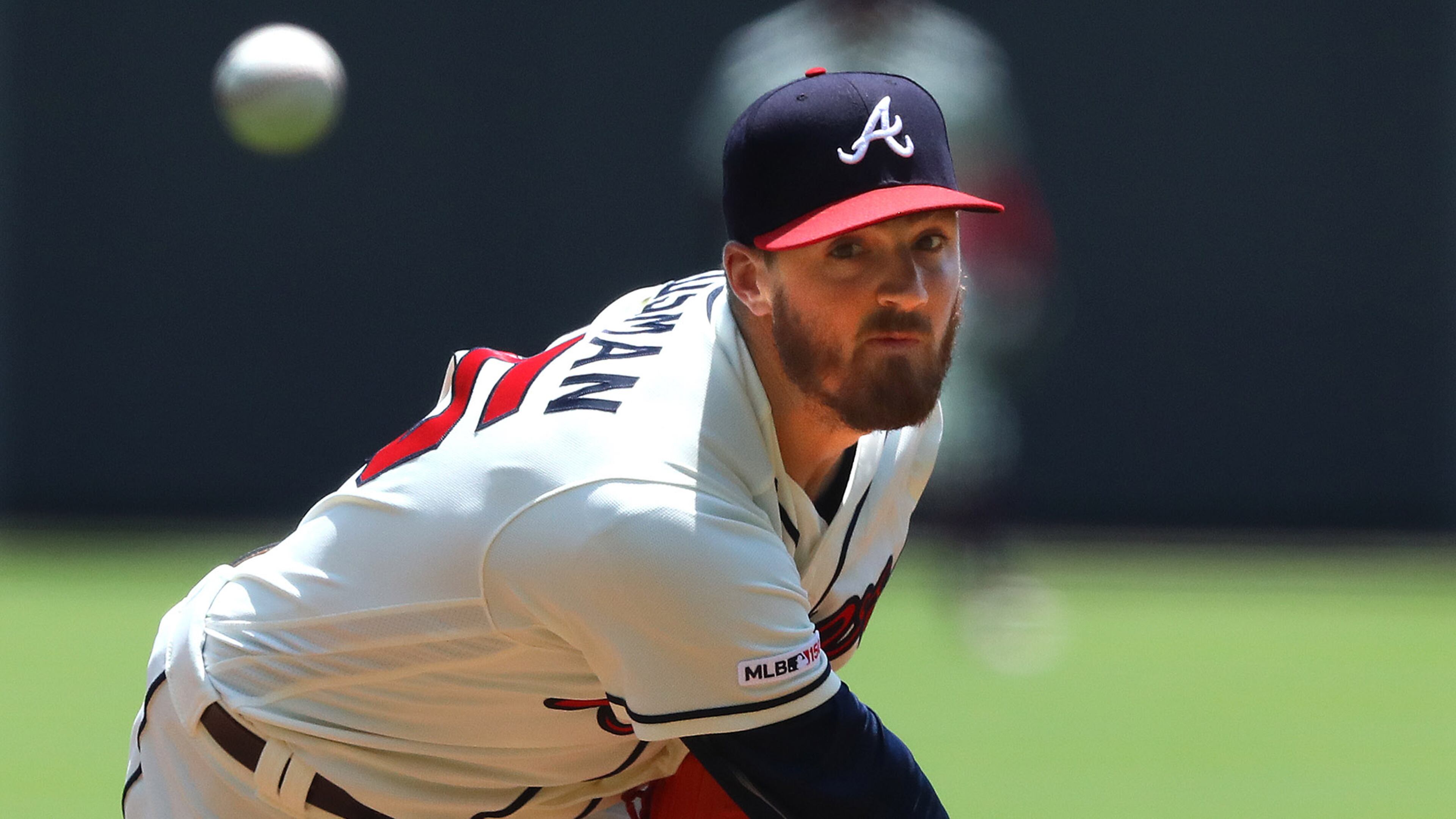 Braves pitcher Kevin Gausman delivers in the first inning against the Colorado Rockies Sunday, April 28, 2019, at SunTrust Park in Atlanta.