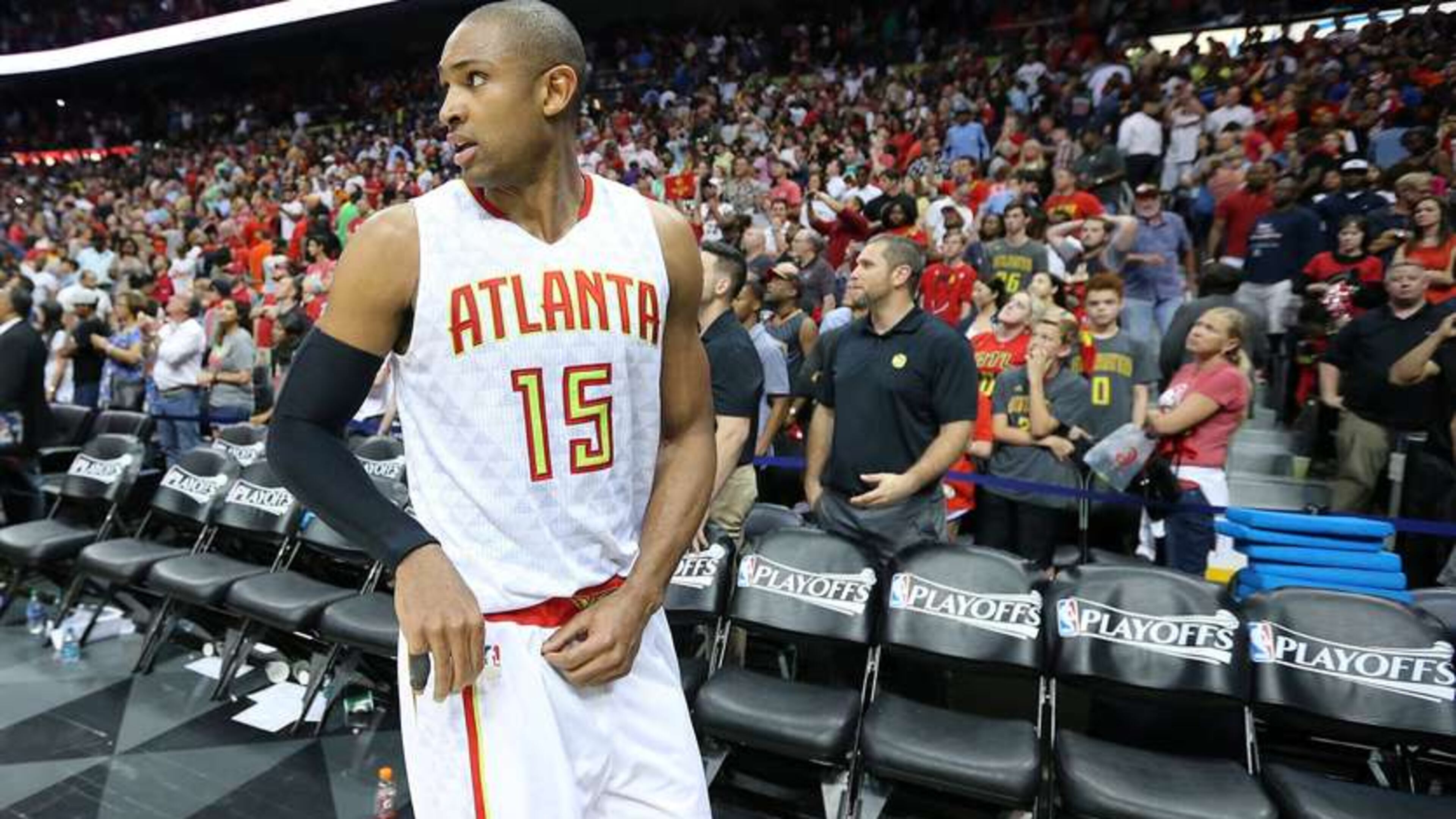 Hawks center Al Horford walks off the court falling to the Cavaliers 100-99 in Game 4 of a second-round NBA basketball playoff series at Philips Arena on Sunday, May 8, 2016, in Atlanta. Curtis Compton / ccompton@ajc.com