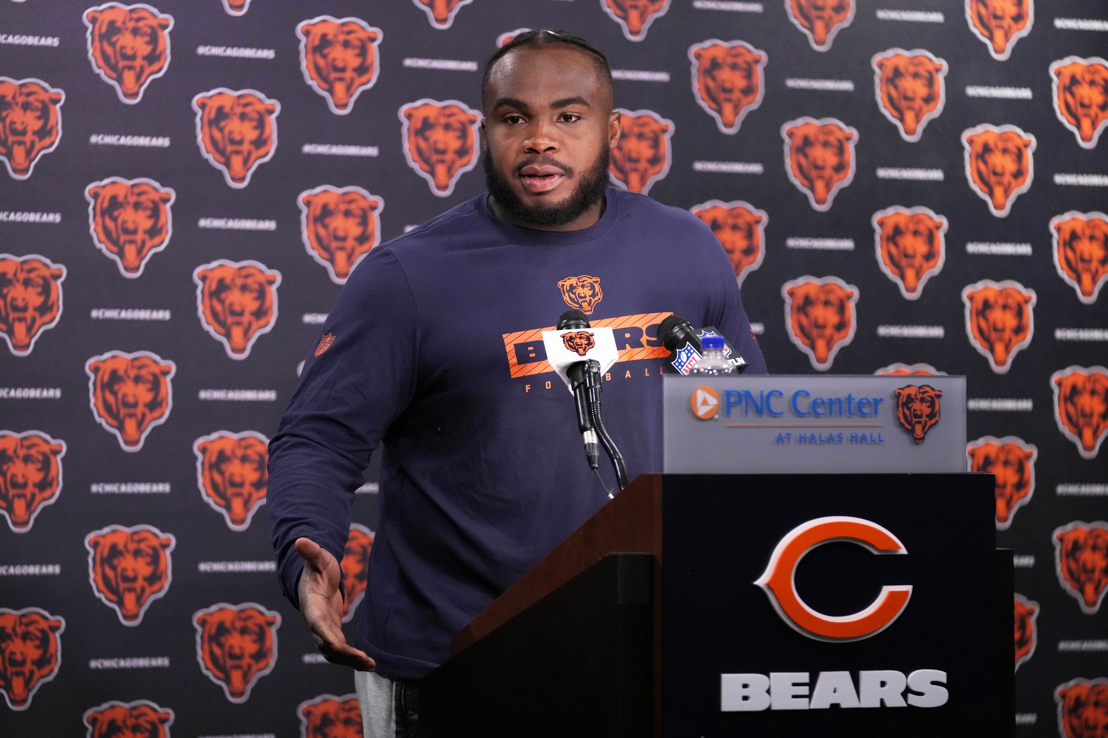 Chicago Bears defensive lineman Grady Jarrett speaks at a news conference after NFL football practice in Lake Forest, Ill., Wednesday, May 21, 2025. (AP Photo/Nam Y. Huh)