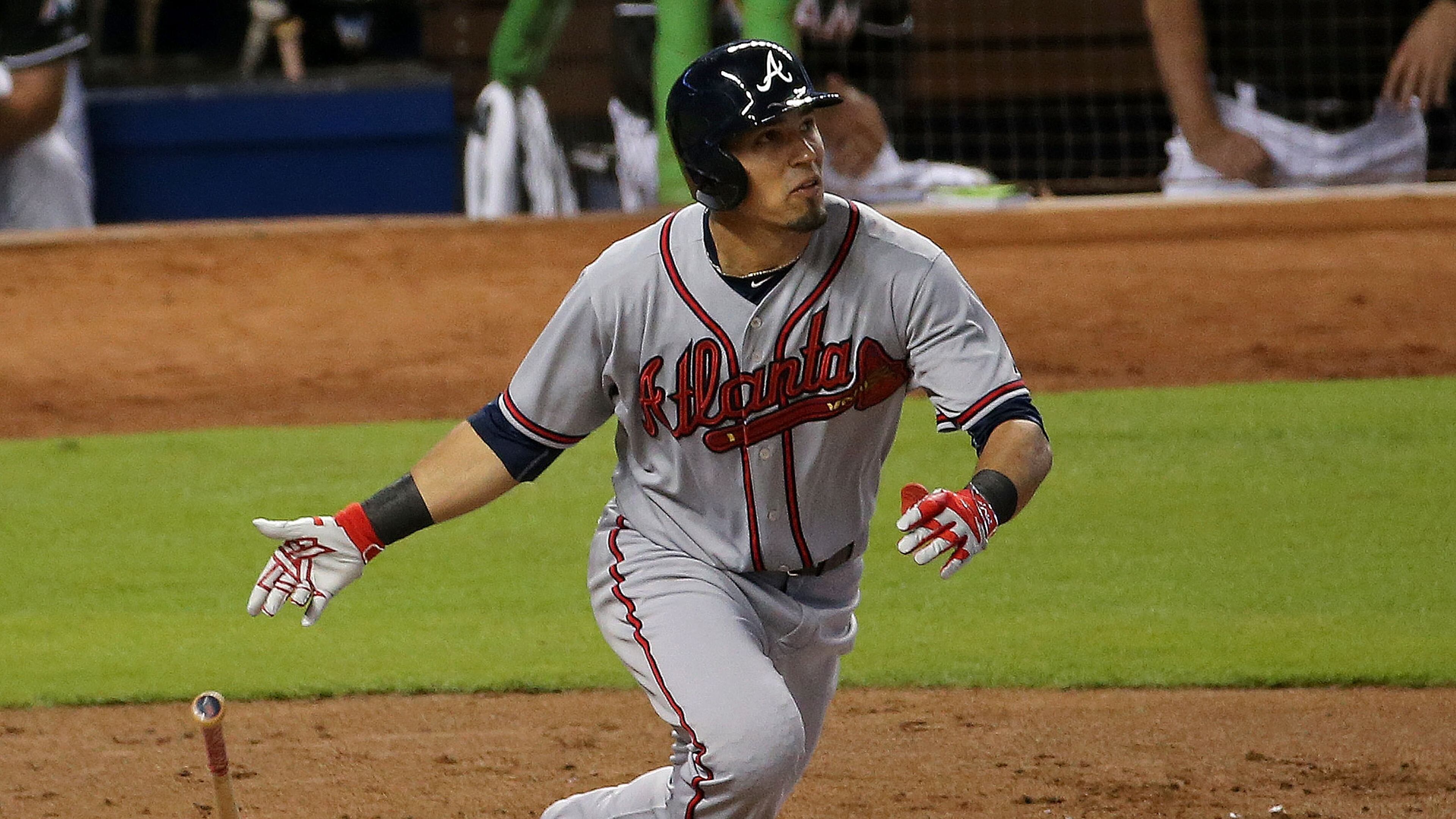 The Braves’ Jace Peterson hits a grand slam in the second inning during a game against the Miami Marlins at Marlins Park on May 16, 2015 in Miami. (Photo by Mike Ehrmann/Getty Images)