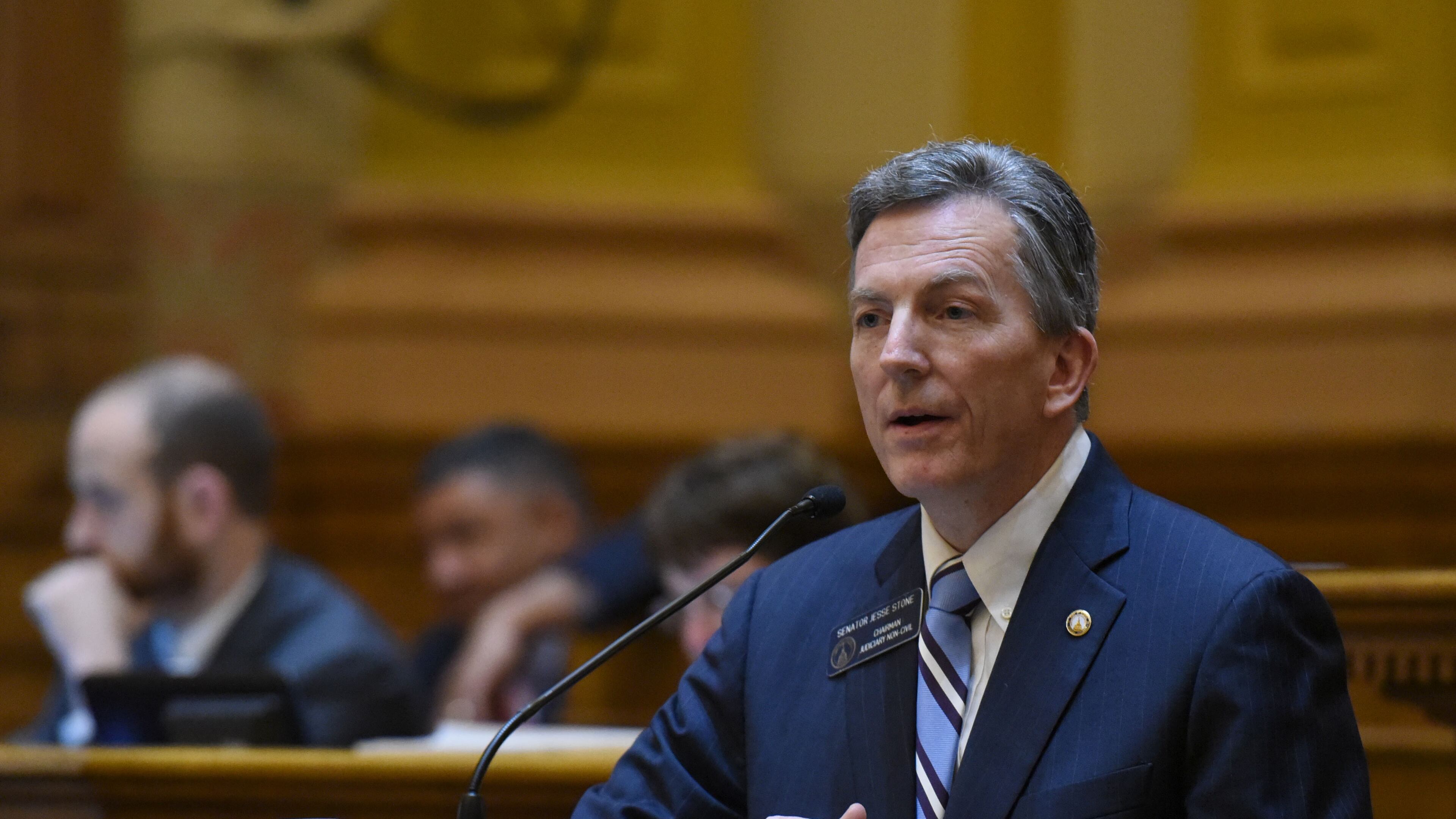March 11, 2016 Atlanta - Senator Jesse Stone speaks during the debate on HB 859, which would legalize firearms on all public colleges in Georgia, at the Georgia State Capitol on Friday, March 11, 2016. The Georgia Senate on Friday gave final passage to a bill that for the first time would legalize firearms on all public colleges in Georgia, following an emotional two-hour floor debate over the wisdom of letting students carry concealed guns on campus. HYOSUB SHIN / HSHIN@AJC.COM
