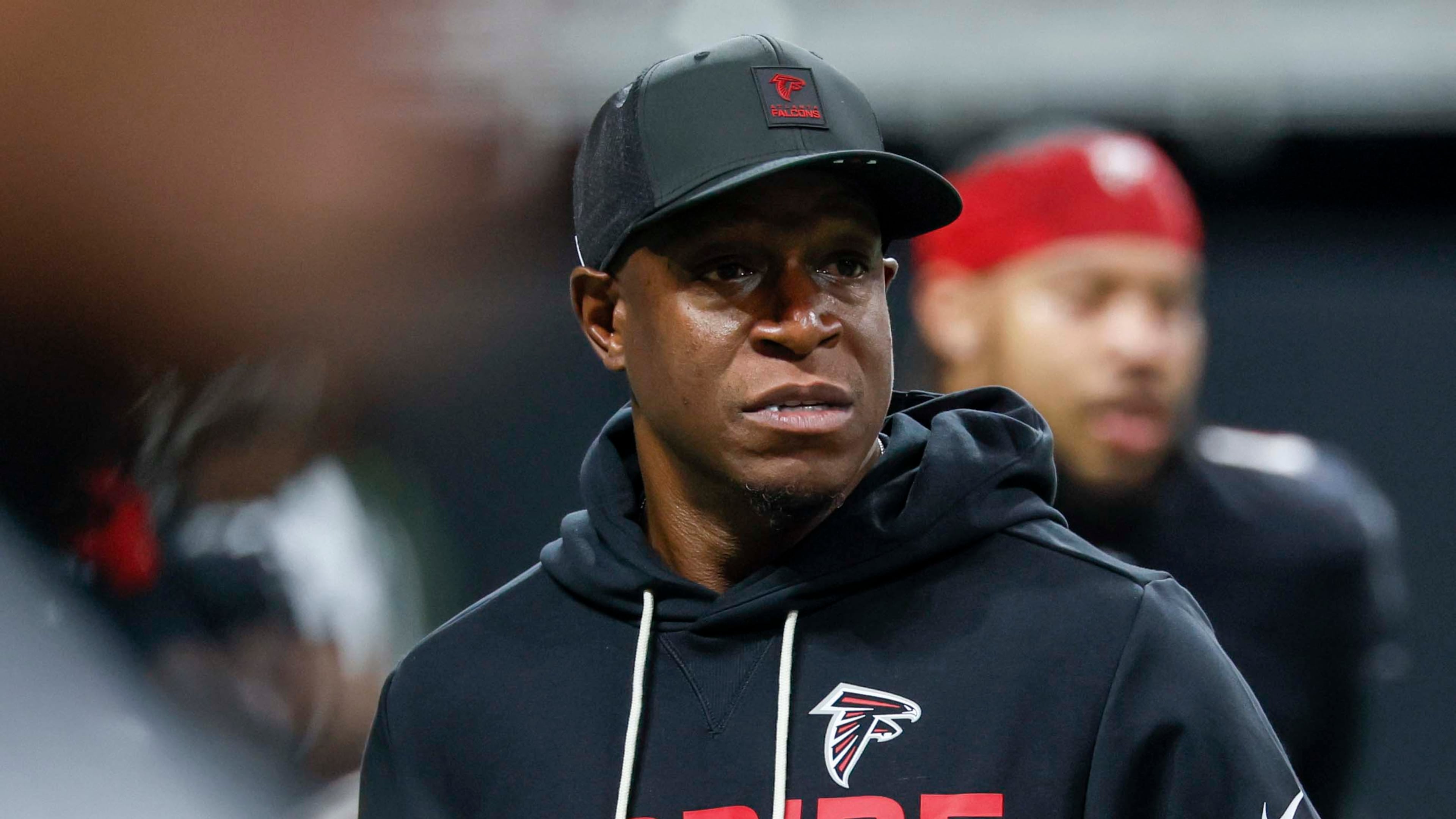 Atlanta Falcons head coach Raheem Morris looks on during his team’s warmups ahead of the Falcons’ matchup with the New Orleans Saints at Mercedes-Benz Stadium in Atlanta on Sunday, January 4, 2026. (Miguel Martinez/AJC)