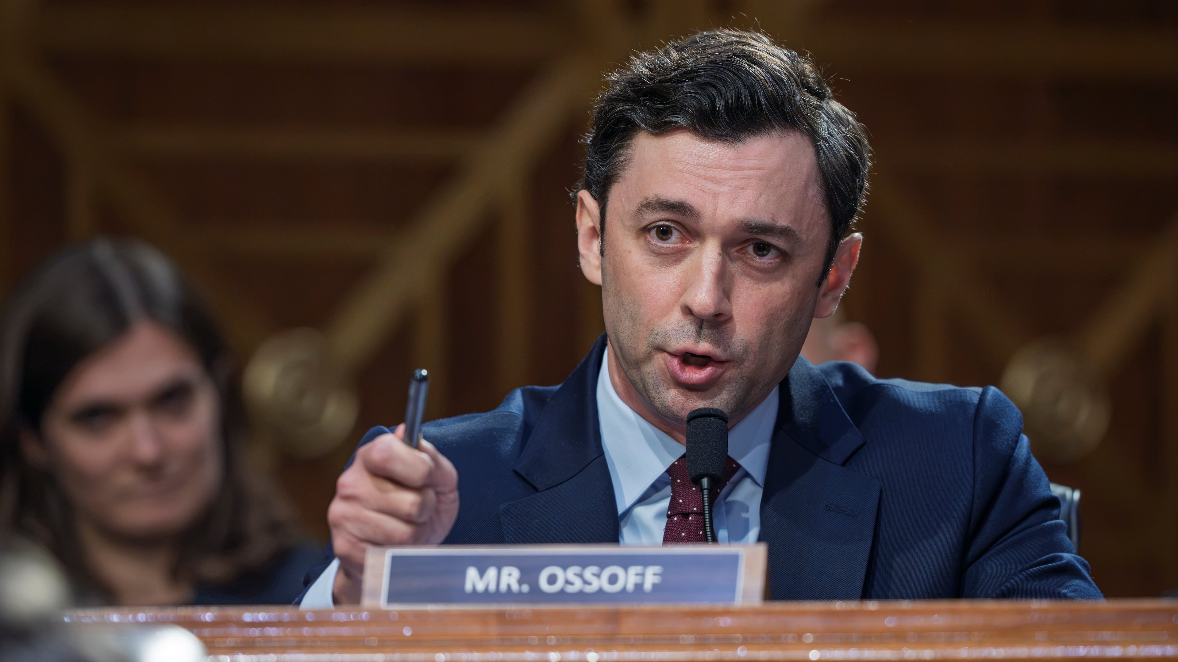 Sen. Jon Ossoff, D-Ga., questions Jay Clayton, President Donald Trump's pick to head the nation's intelligence agencies, as he appears for his confirmation hearing before the Senate Intelligence Committee, at the Capitol in Washington, Wednesday, July 15, 2026. (AP Photo/J. Scott Applewhite)