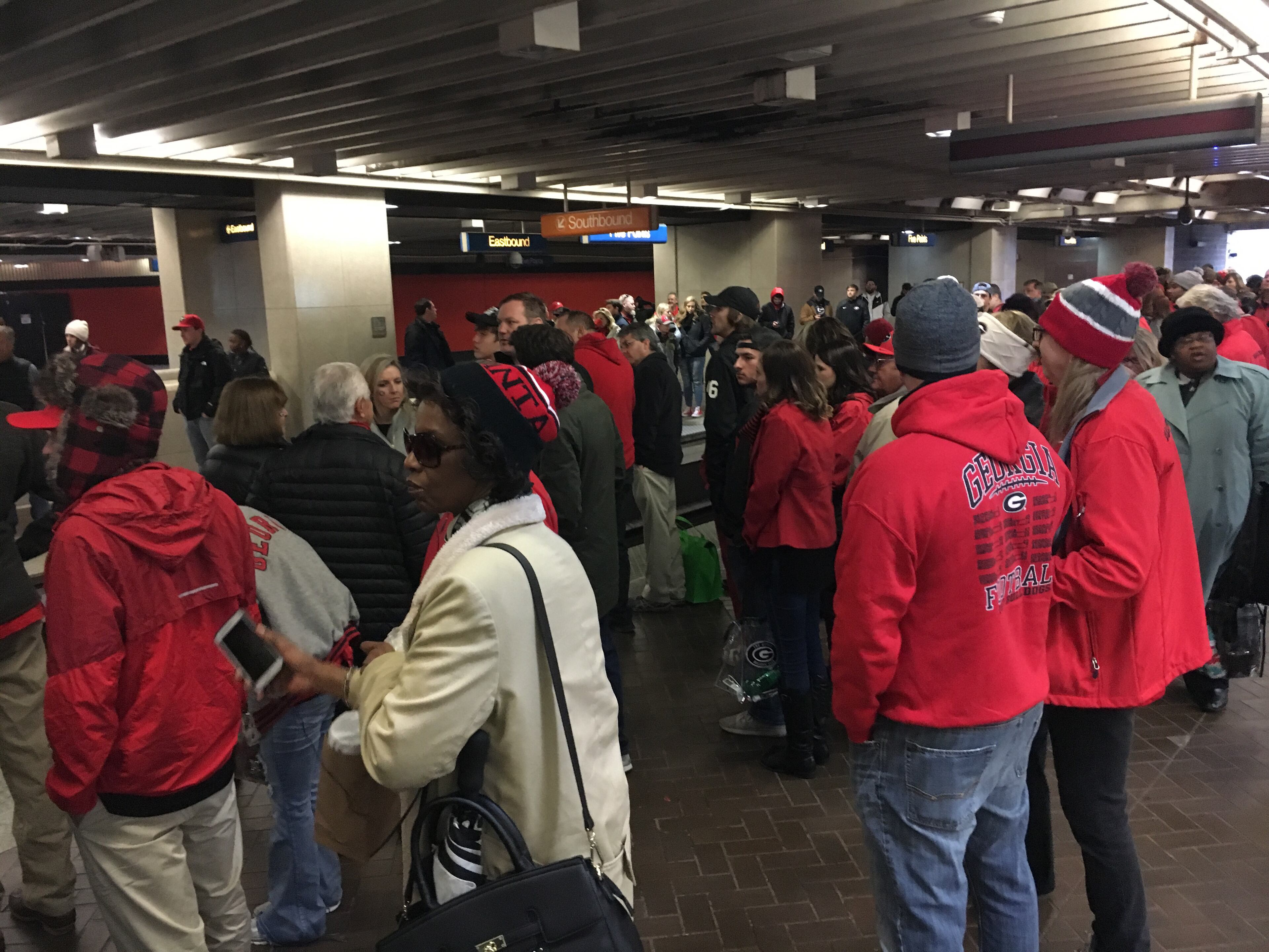 The crowd waiting for the westbound train Monday afternoon at the Five Points MARTA station.