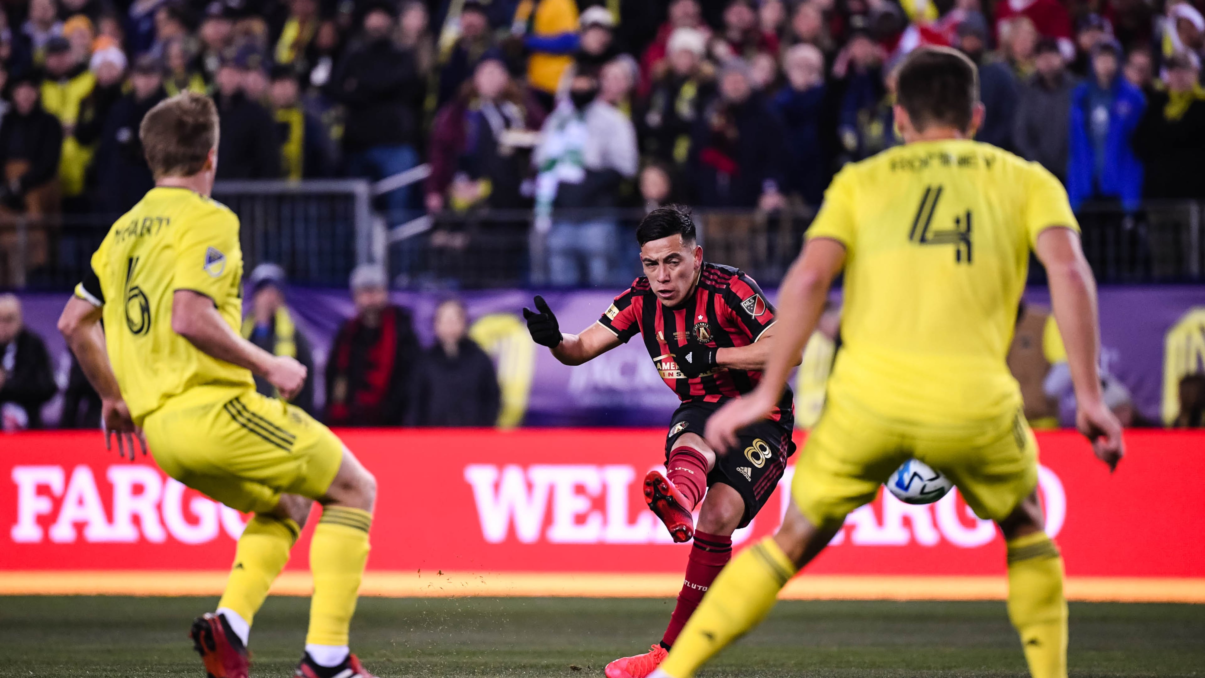 Atlanta United midfielder Ezequiel Barco #8 scores a goal during the first half of the 2020 MLS season opener between Atlanta United FC and Nashville SC at Nissan Stadium in Nashville, Tennessee, on Saturday February 29, 2020. (Photo by Jacob Gonzalez/Atlanta United)
