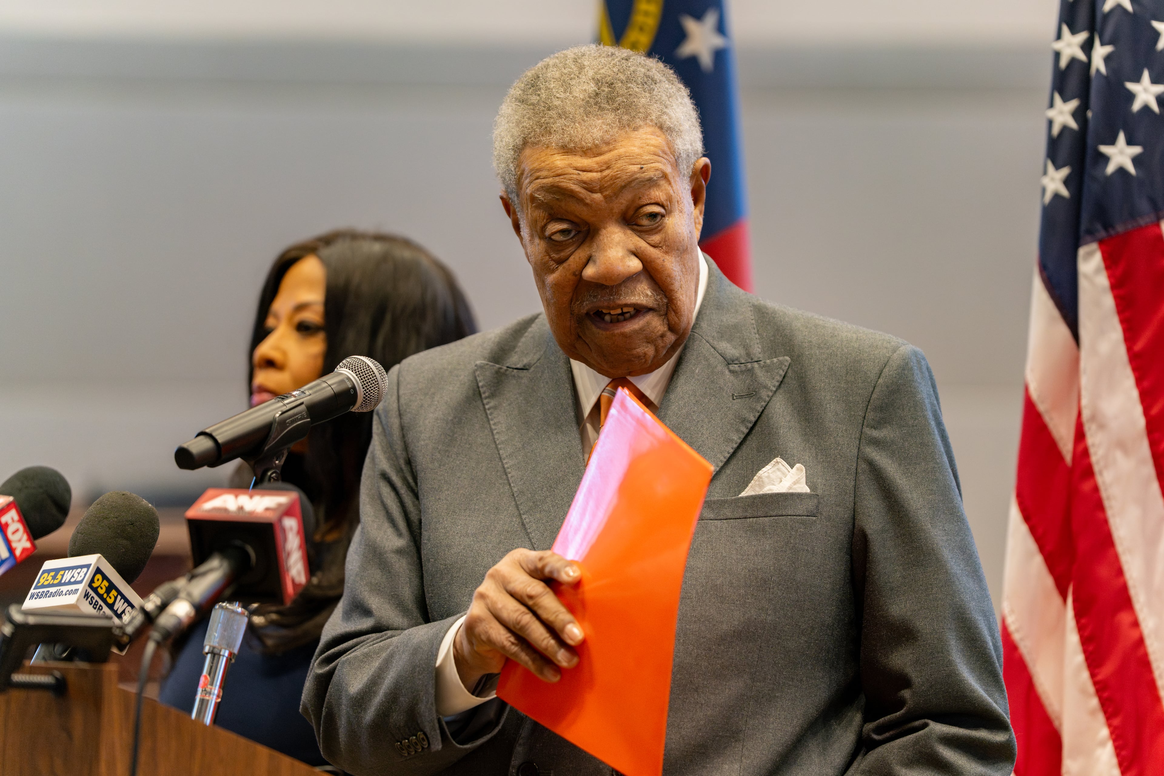 Fulton County Board of Commissioners Chair Robb Pitts (right) and the county's Elections Board Chair Sherri Allen (left) spoke at a news conference last week about the FBI raid on an election warehouse. (Ben Hendren for the AJC)
