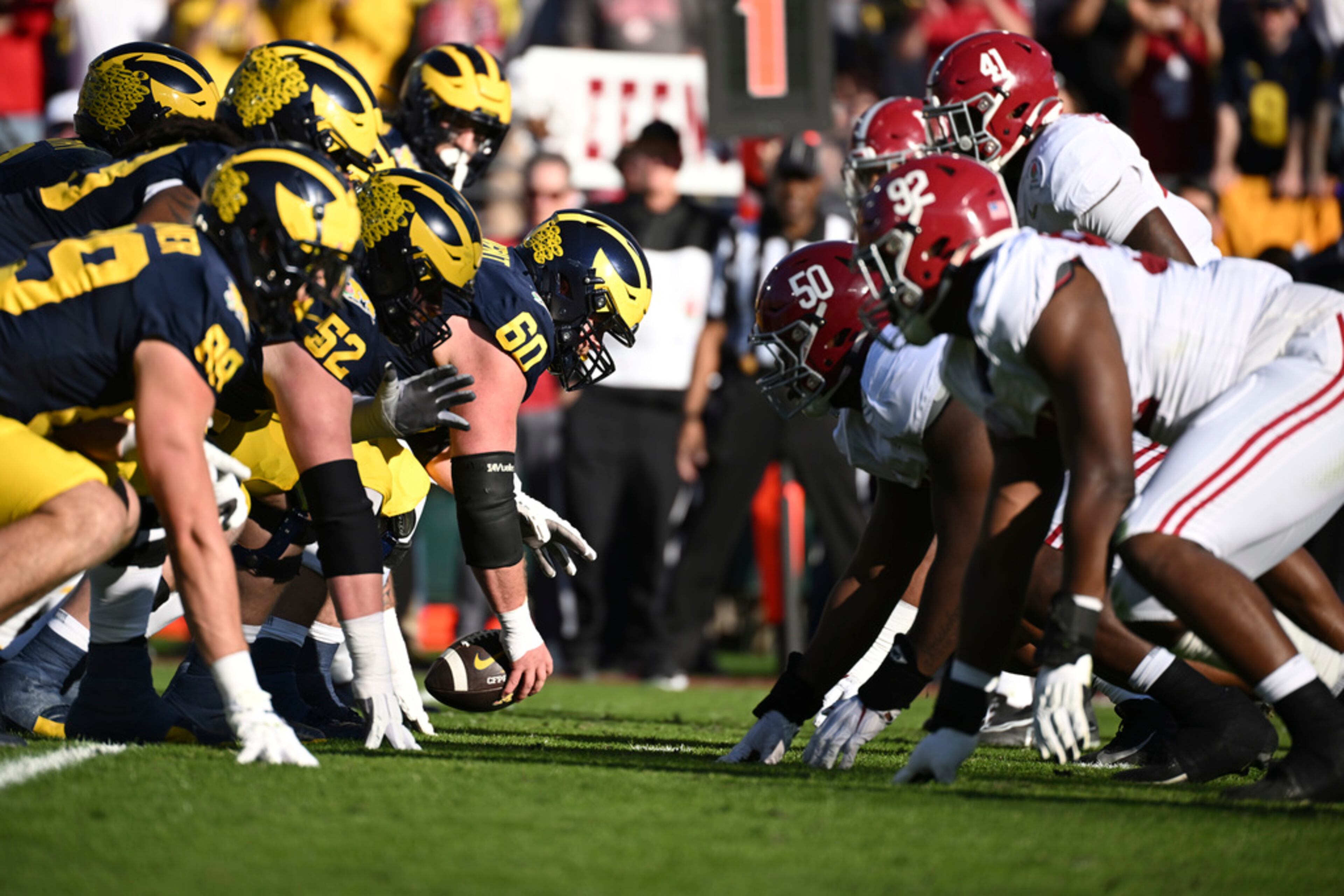 Michigan faces off against Alabama during the first half of the Rose Bowl CFP NCAA semifinal college football game Monday, Jan. 1, 2024, in Pasadena, Calif. (AP Photo/Kyusung Gong)