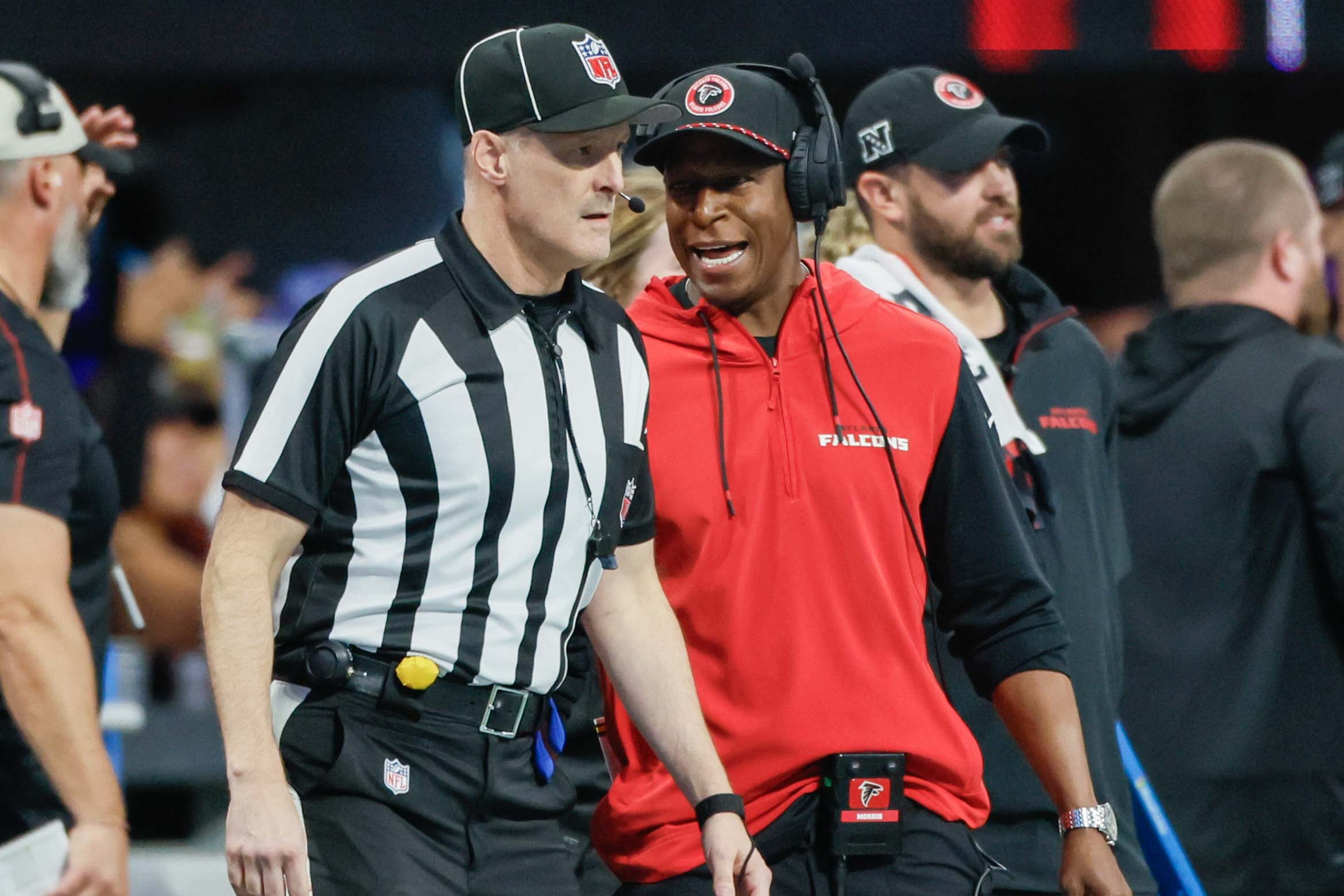 Falcons head coach Raheem Morris argues with a referee during the second half of an NFL football game against the Los Angeles Chargers on Sunday, December 1, 2024, at Mercedes-Benz Stadium in Atlanta.
(Miguel Martinez/ AJC)