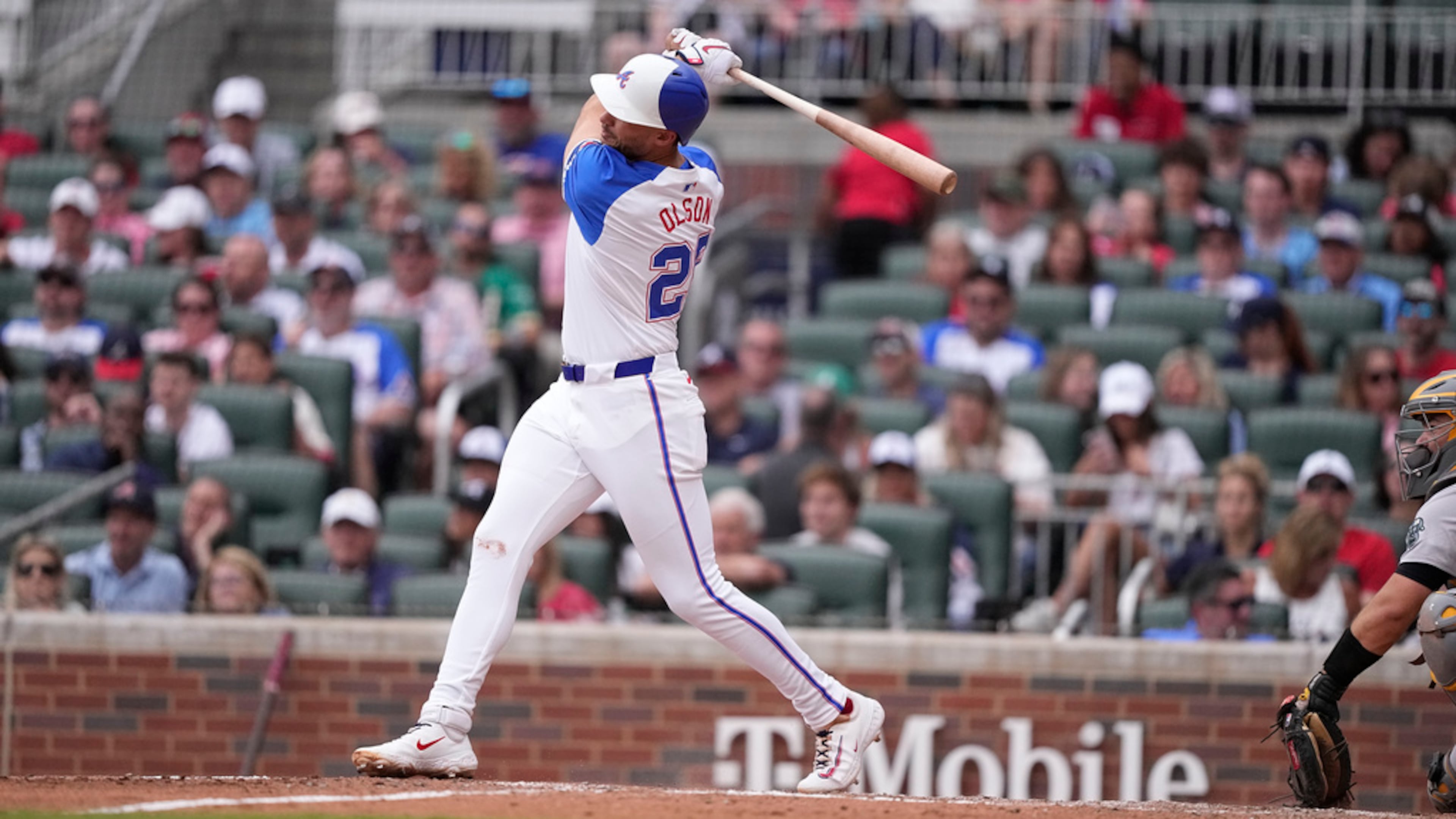 Atlanta Braves' Matt Olson (28) hits a two-run home run in the fifth inning of a baseball game against the Oakland Athletics, Saturday, June 1, 2024, in Atlanta. (AP Photo/Brynn Anderson)