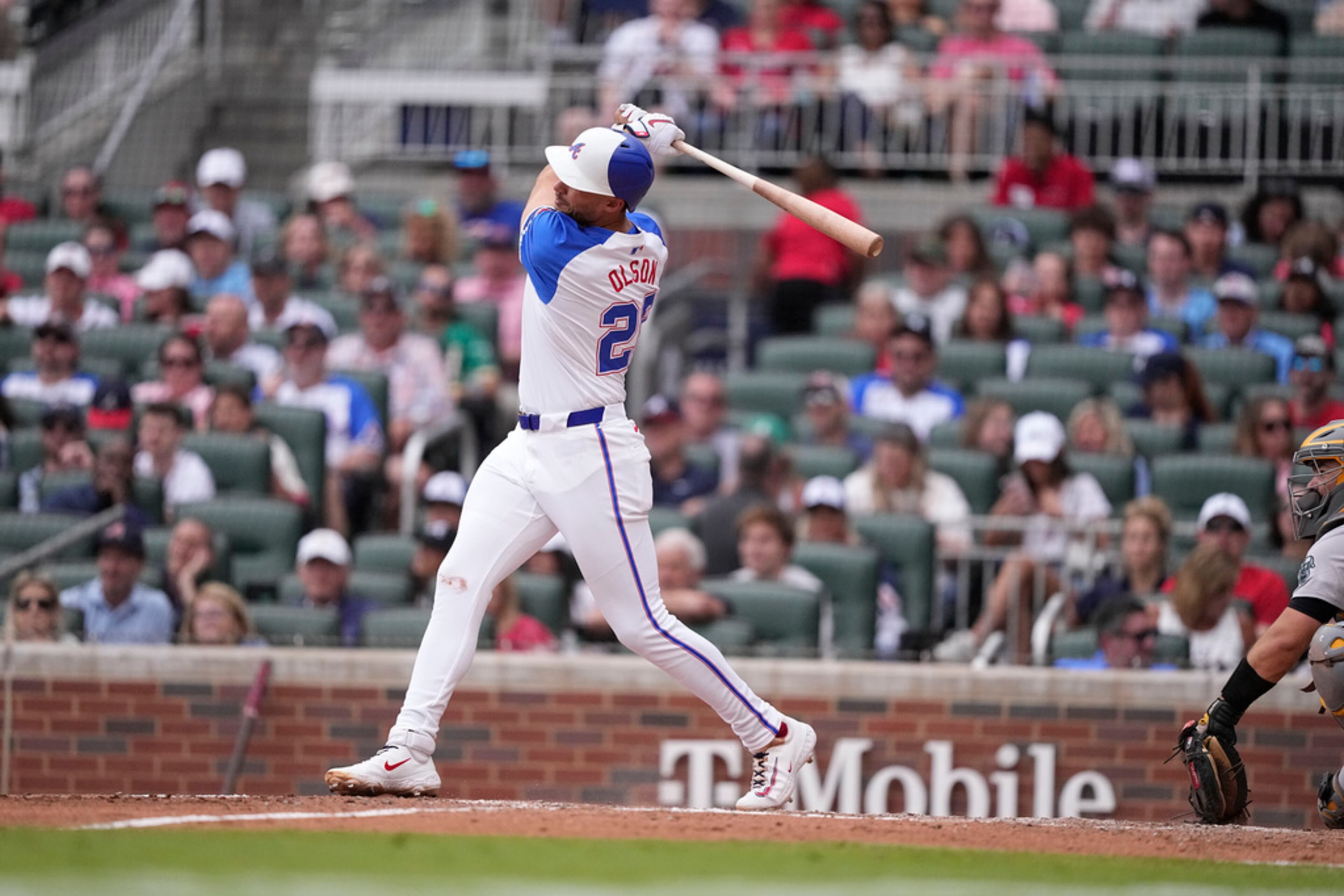 Atlanta Braves' Matt Olson (28) hits a two-run home run in the fifth inning of a baseball game against the Oakland Athletics, Saturday, June 1, 2024, in Atlanta. (AP Photo/Brynn Anderson)