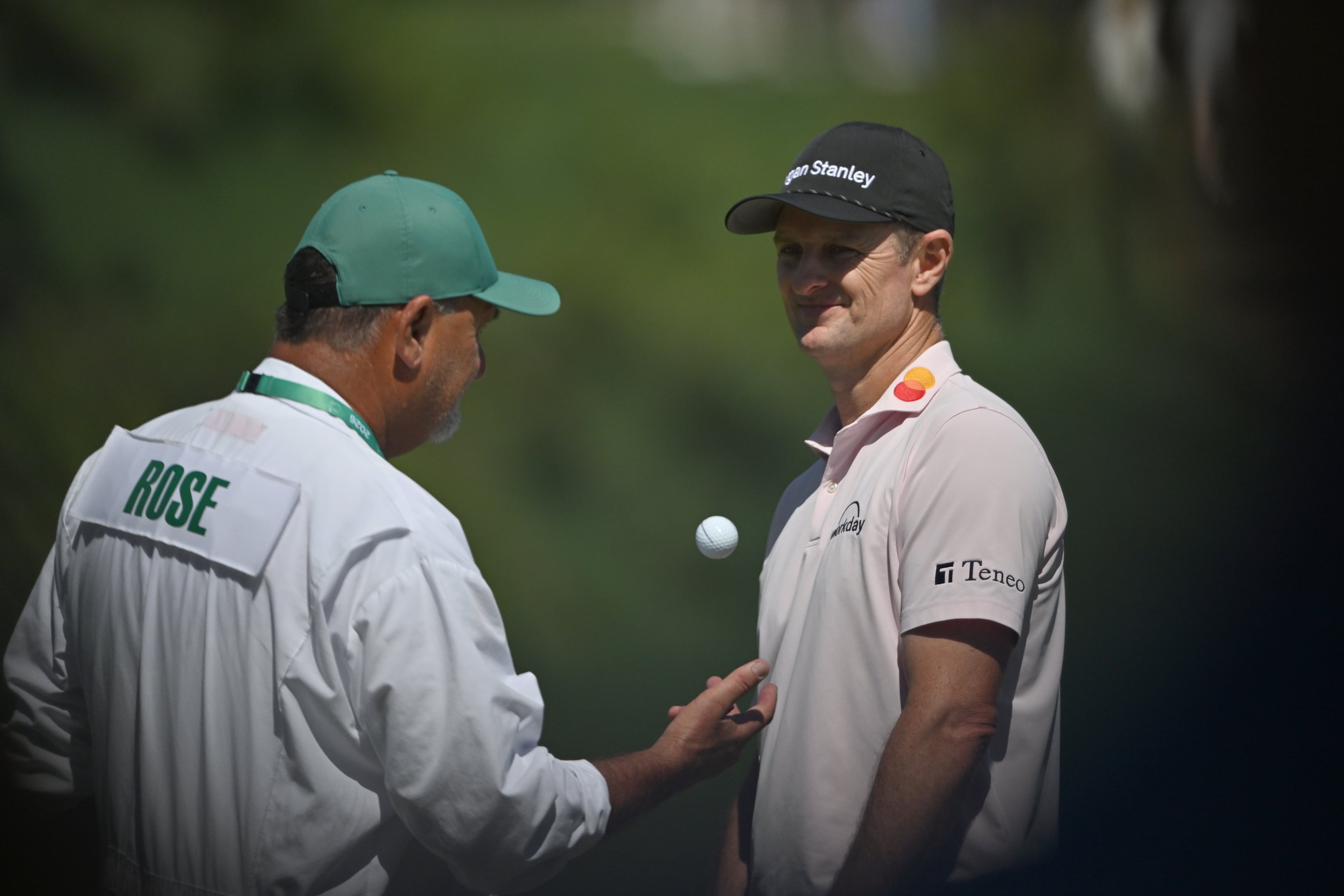 Justin Rose and caddie Mark Fulcher on the seventh hole during the second round of the Masters at Augusta National Golf Club on Friday, April 10, 2026 in Augusta, Ga. (Hyosub Shin/AJC)