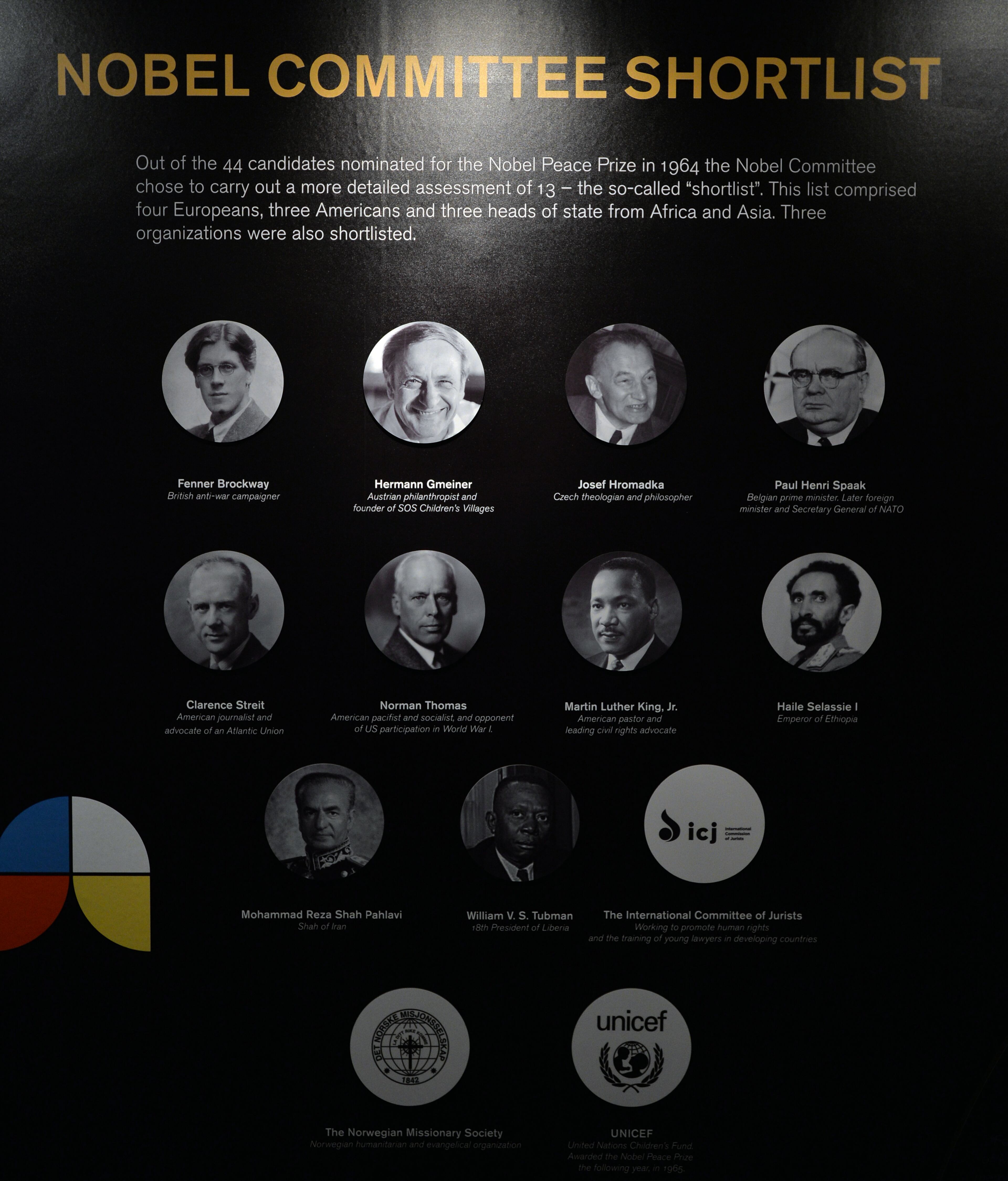 The "shortlist" of the 1964 Nobel Peace Prize nominees. Grand opening exhibition of 1964 Martin Luther King, Jr., at the Martin Luther King Jr. National Historic Site. Since 1964, the documents relating to the award nominations, notes and reports have been classified as a secret, and kept under lock and key in the Norwegian Nobel Committee's extensive archive. For the first time, the public now has access to this material. The exhibition features primary documents from the Nobel Peace Center in Oslo, Norway, Coca-Cola Corporate Archives, Ebenezer Baptist Church Archival Collections, Auburn Avenue Research Library on African American Culture and History, and Georgia State University Archival Collection. BRANT SANDERLIN / BSANDERLIN@AJC.COM