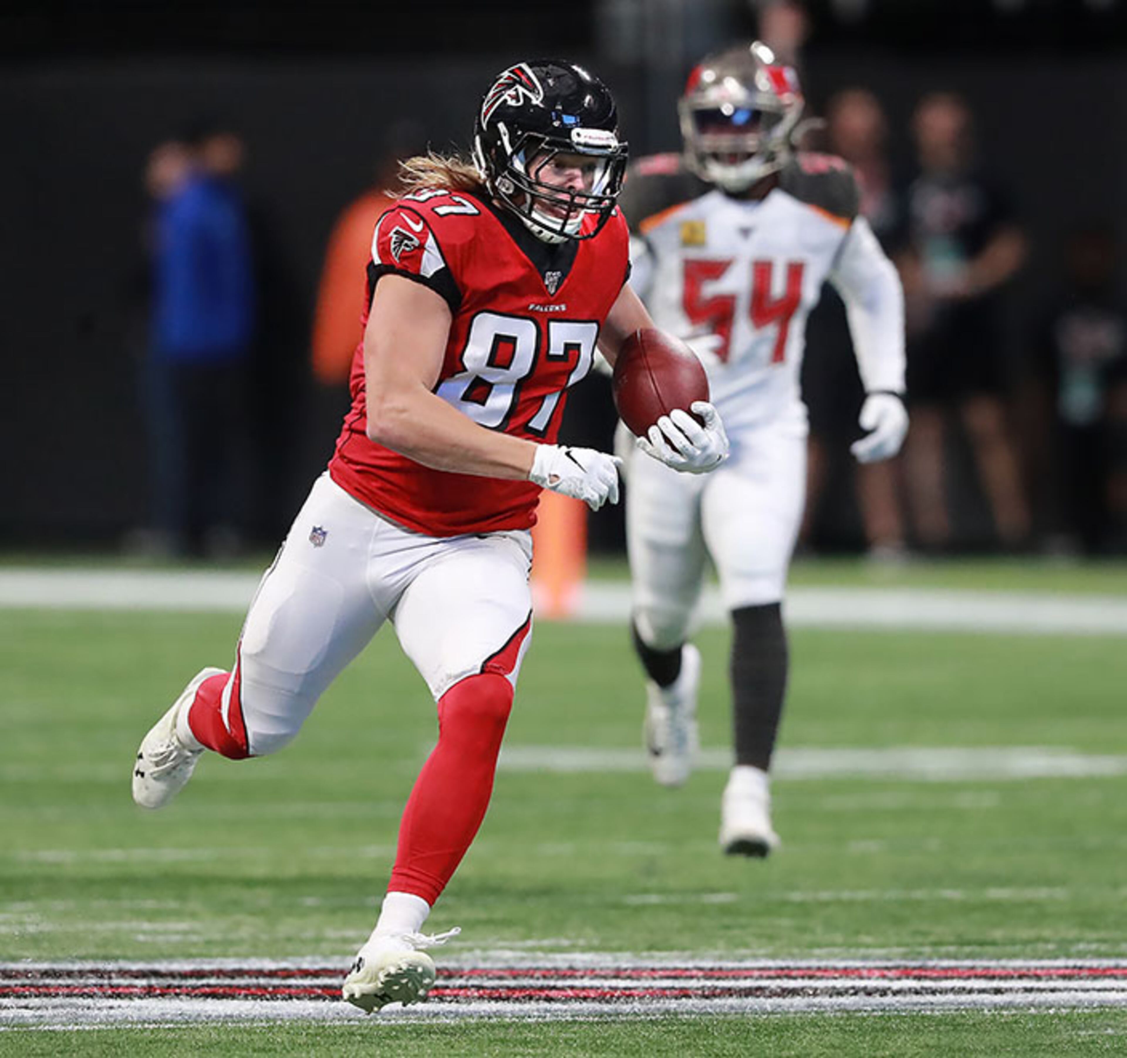 Falcons tight end Jaeden Graham makes a 53-yard reception during the second play of the game against the Buccaneers Sunday, Nov. 24, 2019, at Mercedes-Benz Stadium in Atlanta.