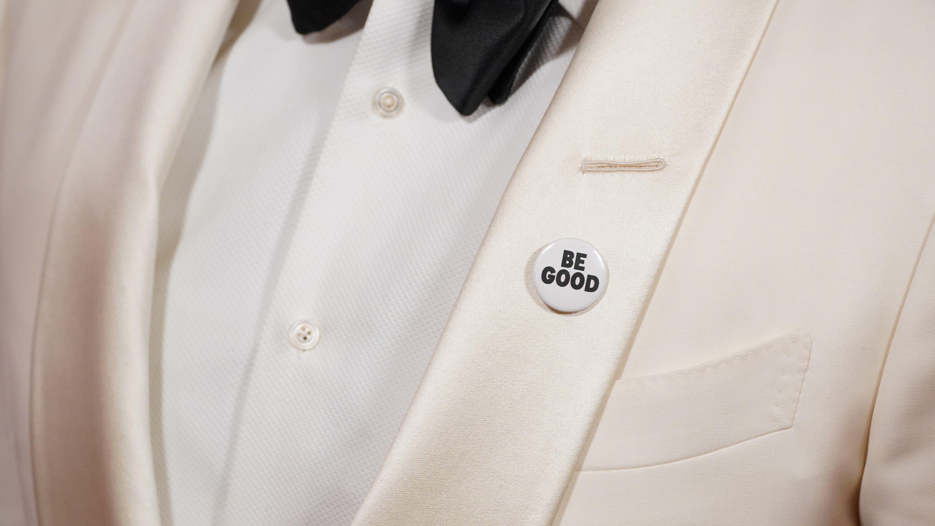 Mark Ruffalo, wearing a "Be Good" pin, arrives at the 83rd Golden Globes on Sunday, Jan. 11, 2026, at the Beverly Hilton in Beverly Hills, Calif. (Photo by Jordan Strauss/Invision/AP)