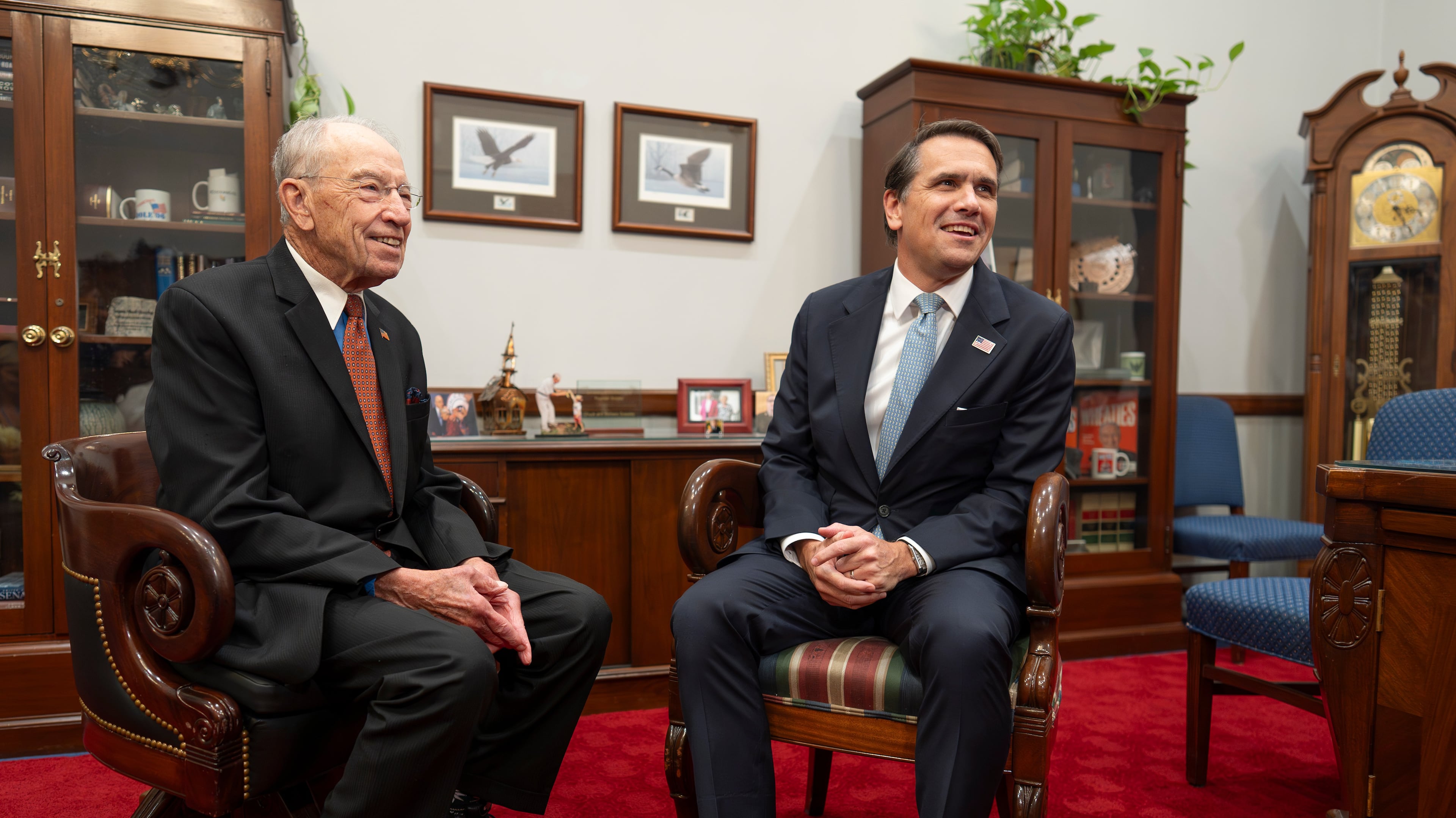 Senate Judiciary Committee Chairman Chuck Grassley, R-Iowa, left, meets with Todd Blanche, President Donald Trump's nominee to be attorney general, at the Capitol in Washington, Monday, June 15, 2026. (AP Photo/J. Scott Applewhite)