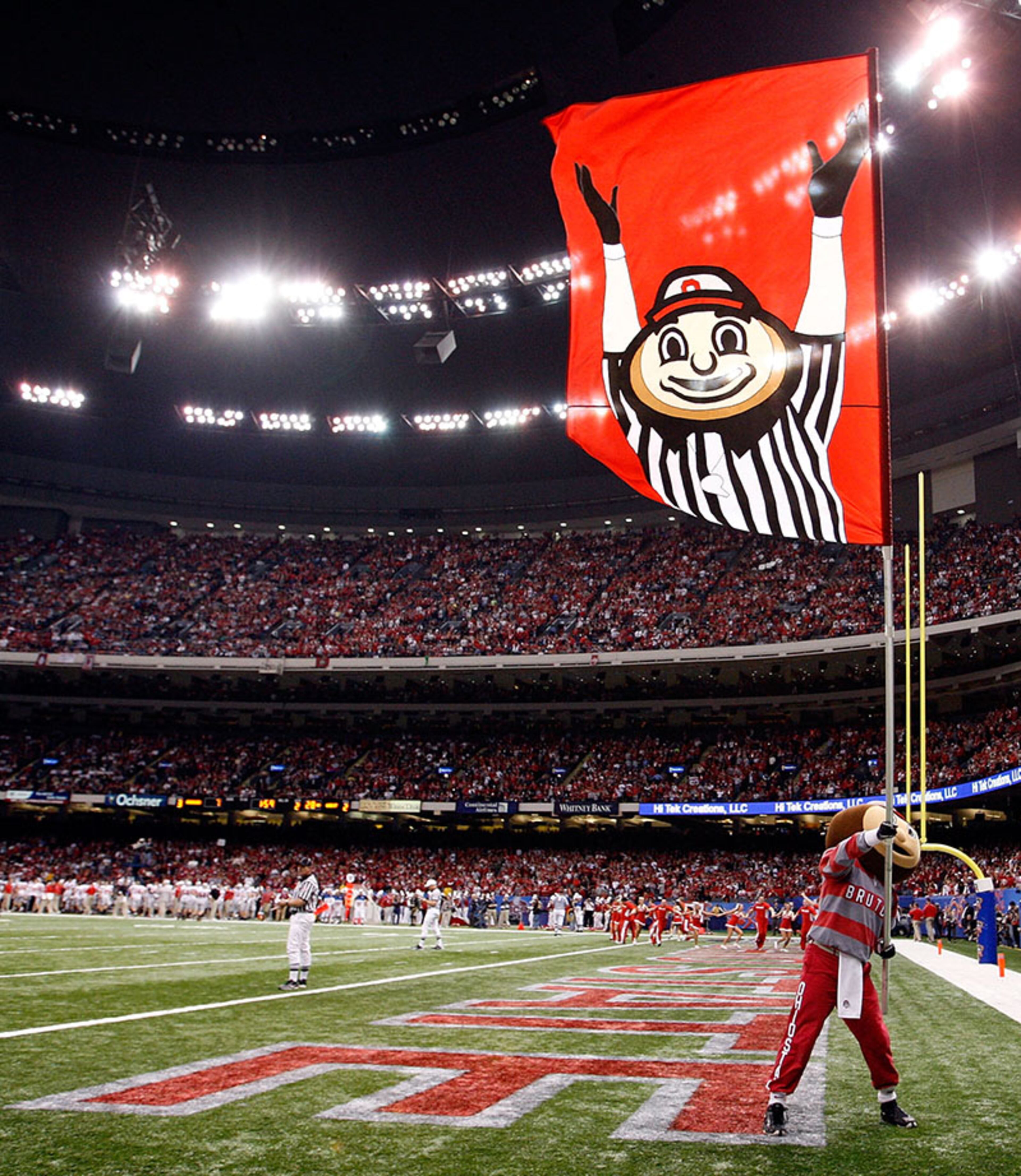 The Ohio State Buckeyes mascot holds up a flag in the second quarter against the Arkansas Razorbacks during the Allstate Sugar Bowl at the Louisiana Superdome on Jan. 4, 2011 in New Orleans.