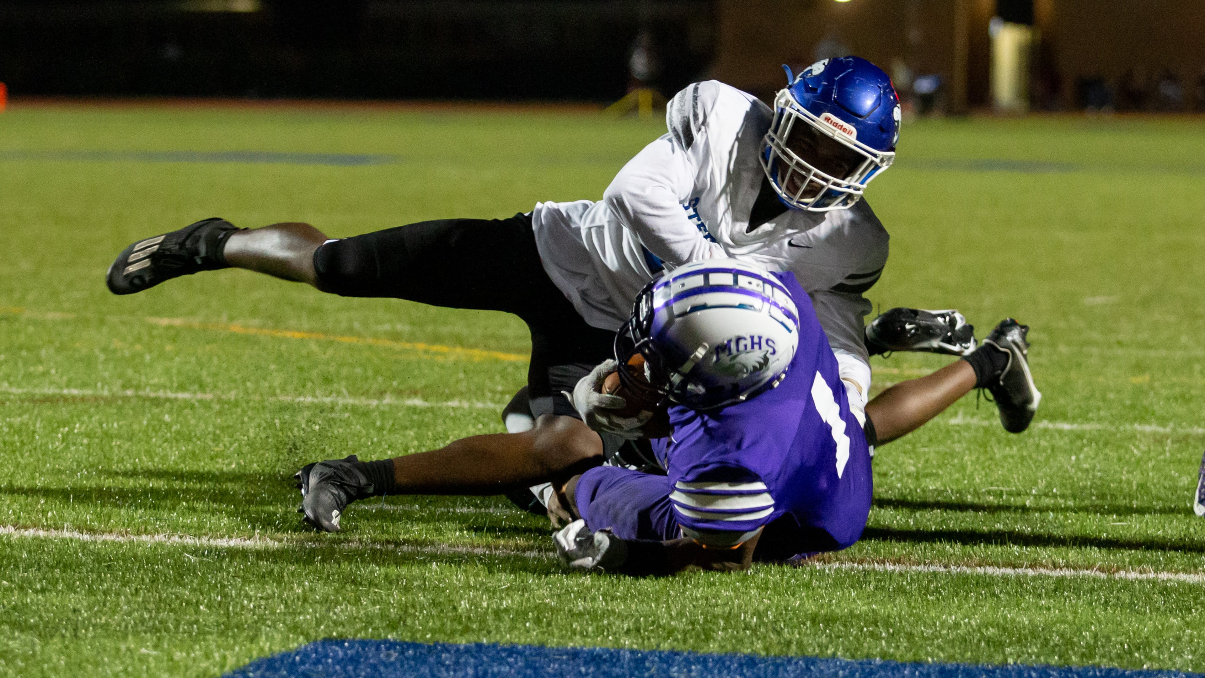 Miller Grove's Jayden Brown (1) scores a touchdown during a GHSA high school football game between Stephenson High School and Miller Grove High School at James R. Hallford Stadium in Clarkston, GA., on Friday, Oct. 8, 2021. (Photo/Jenn Finch)