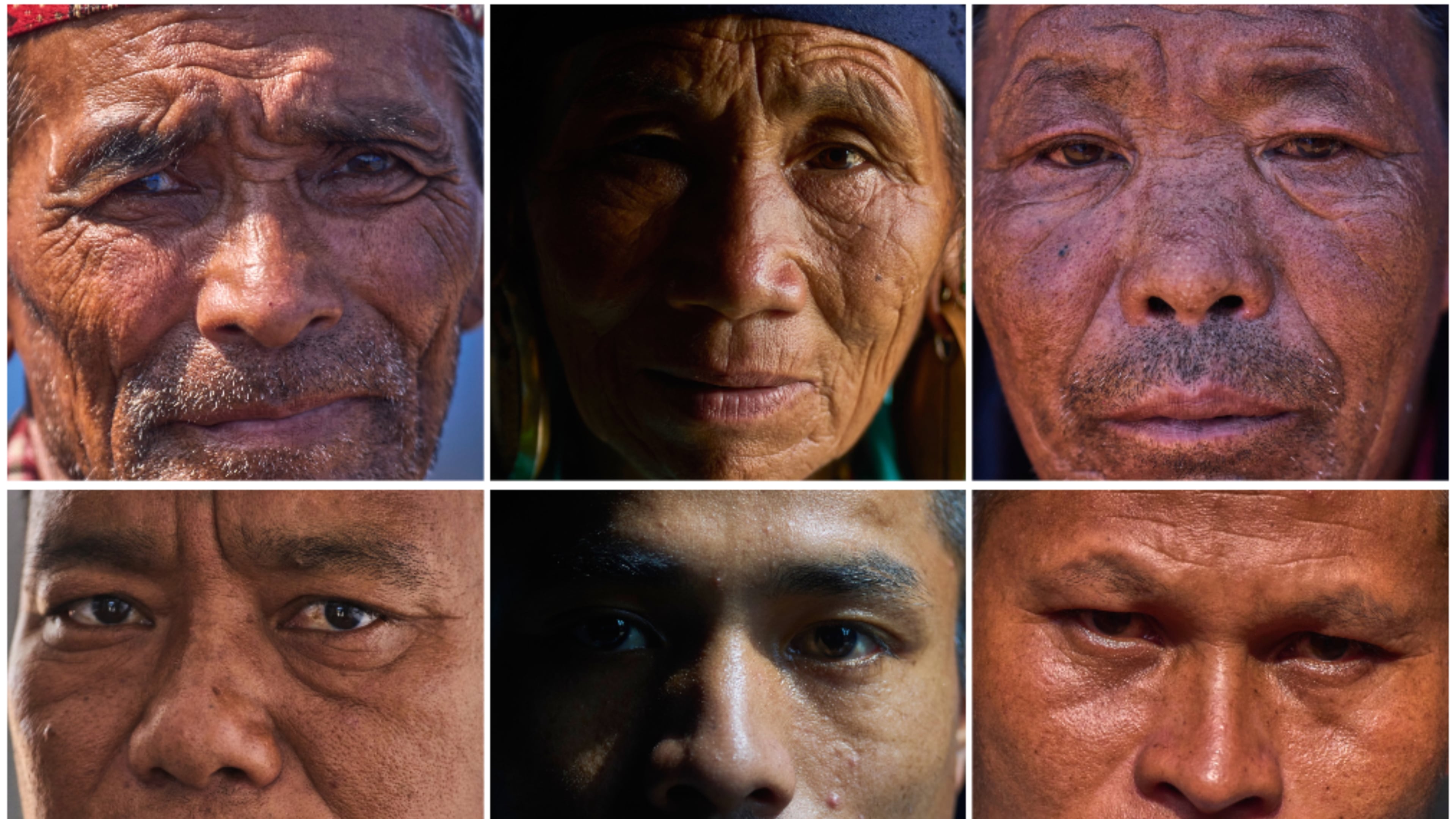 This combination of six posed photographs shows, clockwise from top left, Birbal Tamang, Nima Choying Tamang, Kancha Ghale, Norchi Ghale, Buddha Tamang, and Chheku Lama, all survivors of Nepal's 2015 earthquake and the flash floods in August this year, in Nepal's Nuwakot district, Sept. 23, 2026. (AP Photo/Niranjan Shrestha)