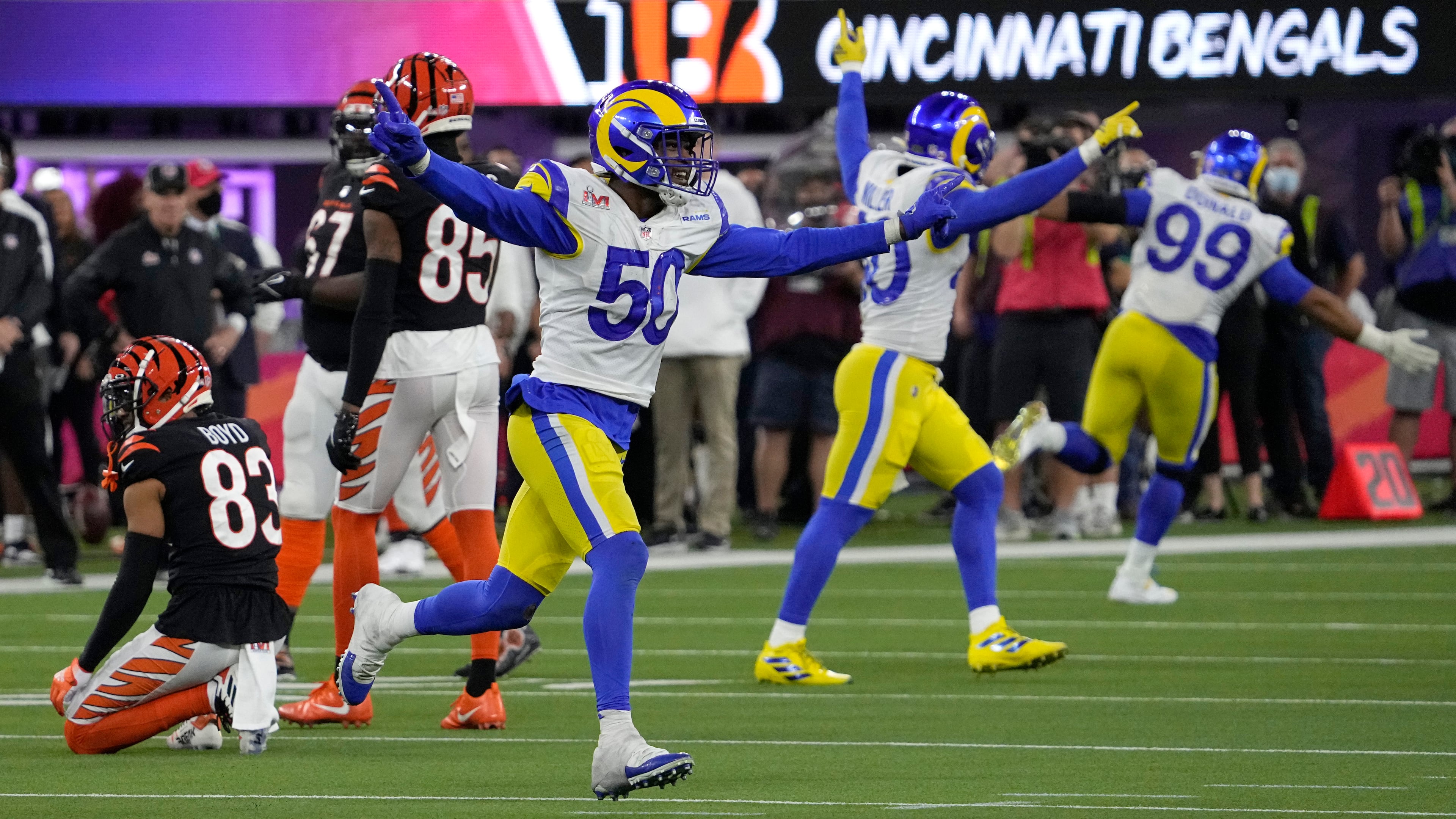 Los Angeles Rams inside linebacker Ernest Jones (50) reacts as time winds off the clock after the Rams defeated the Cincinnati Bengals in the NFL Super Bowl 56 football game Sunday, Feb. 13, 2022, in Inglewood, Calif. (AP Photo/Mark J. Terrill)