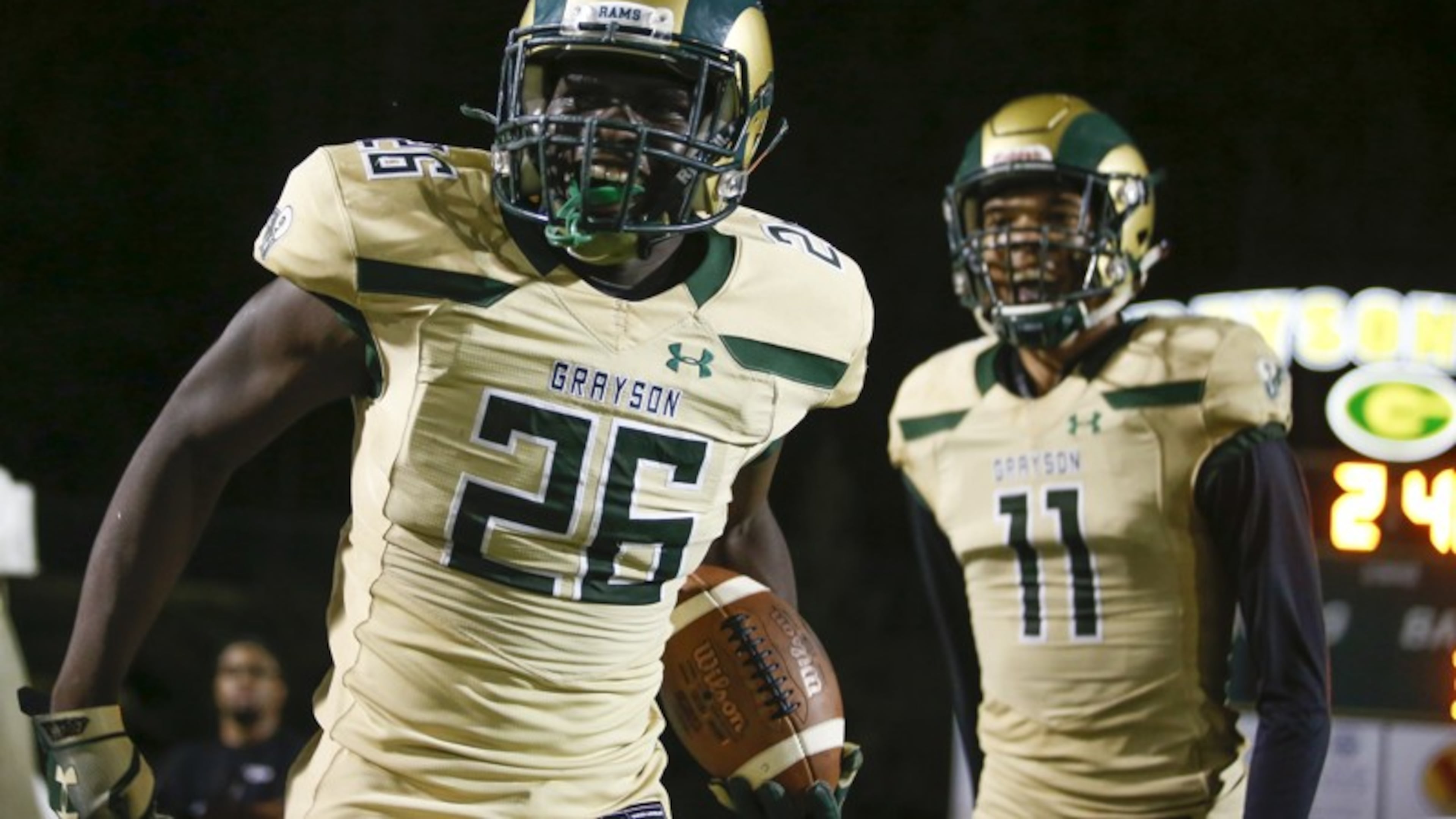Grayson running back Phil Mafah (26) celebrates with teammates after his touchdown during a 2018 game against Colquitt County. Mafah, a rising senior, is one of seven Grayson players in the top 102 of 247Sports’ list of best Georgia senior recruits. He is committed to Clemson. (Casey Sykes/Special)