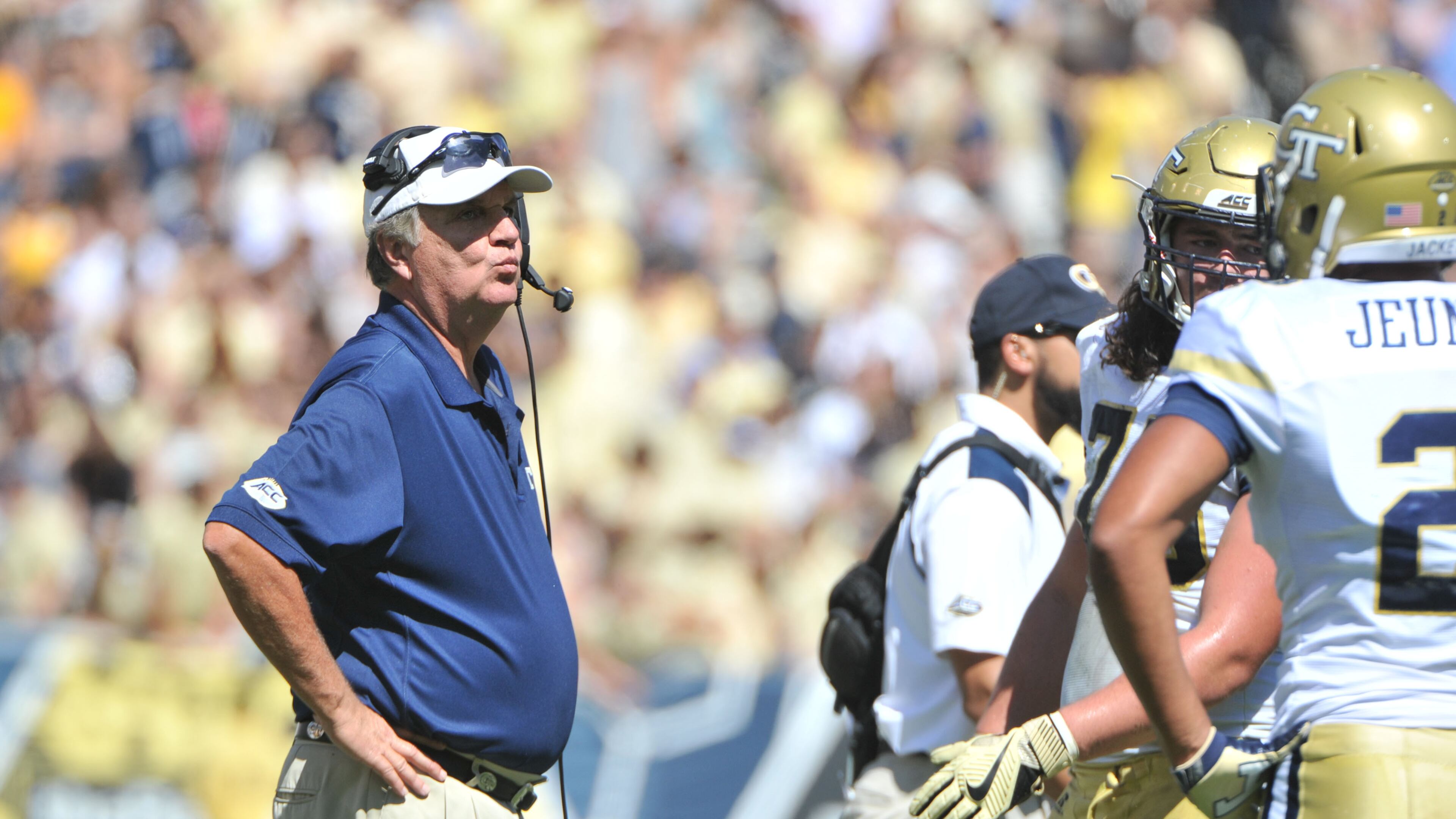 Georgia Tech Yellow Jackets head coach Paul Johnson shouts instructions in the first half at Bobby Dodd Stadium on Saturday, October 1, 2016. HYOSUB SHIN / HSHIN@AJC.COM