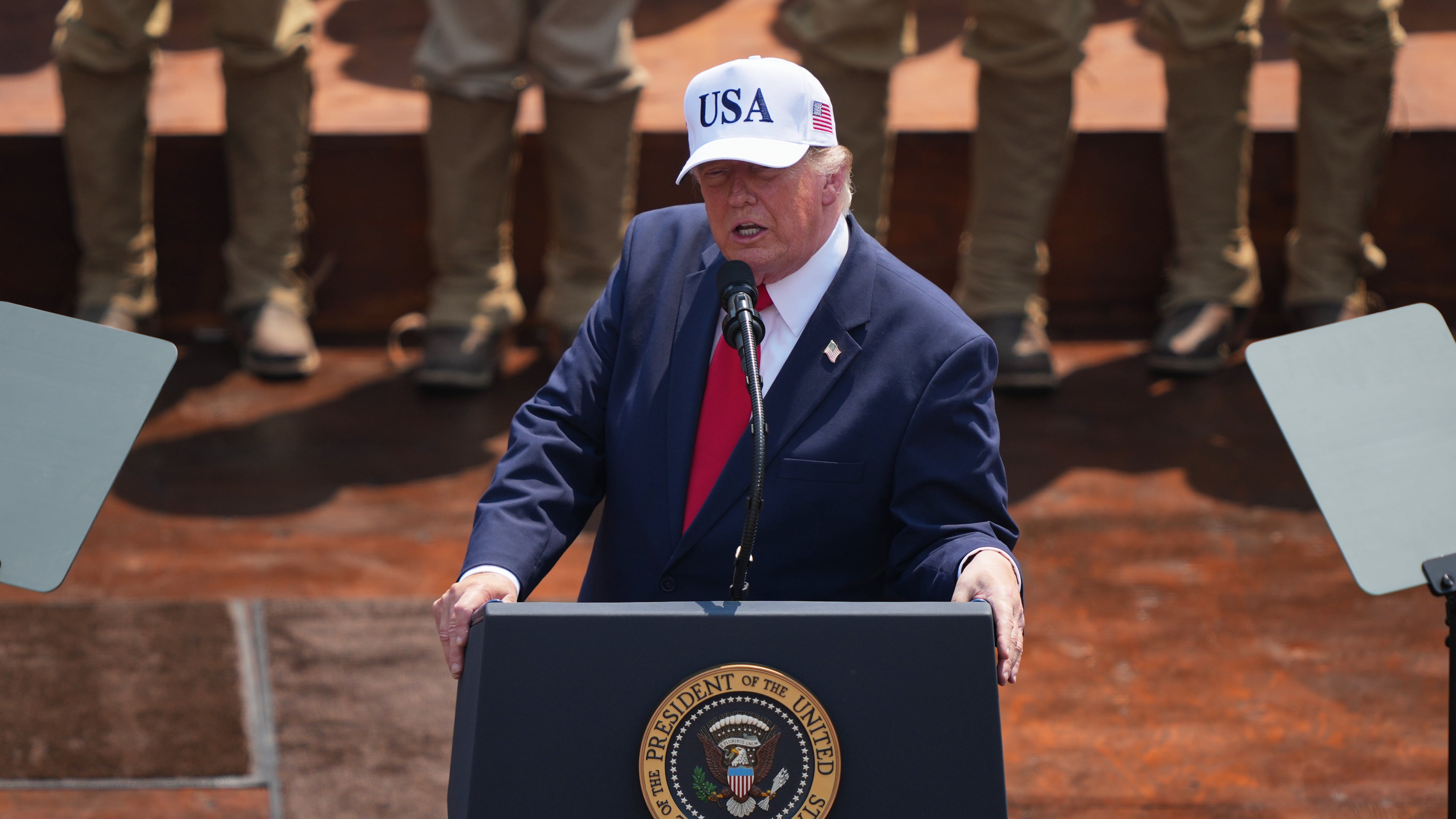President Donald Trump speaks at the Burning Hills Amphitheater during the Theodore Roosevelt Presidential Library opening ceremony Wednesday, July 1, 2026, in Medora, N.D. (AP Photo/Matt Rourke)