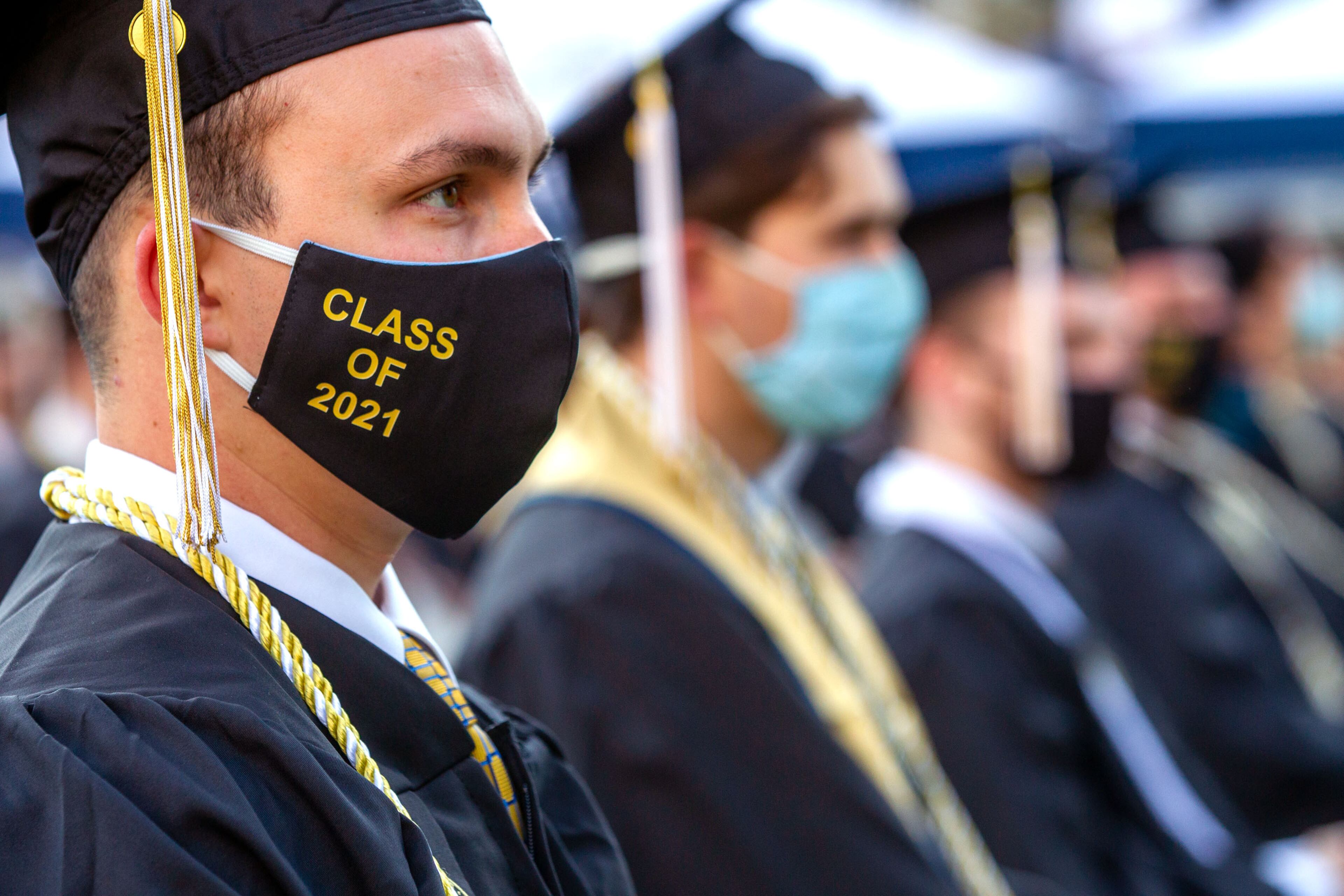 Graduates listen to the speakers during the 2021 commencement ceremony at Bobby Dodd Stadium on Saturday, May 8, 2021. Two ceremonies were held Saturday for bachelor’s degree recipients, and master's and doctoral graduates' ceremonies were held Friday. (Photo: Steve Schaefer for The Atlanta Journal-Constitution)