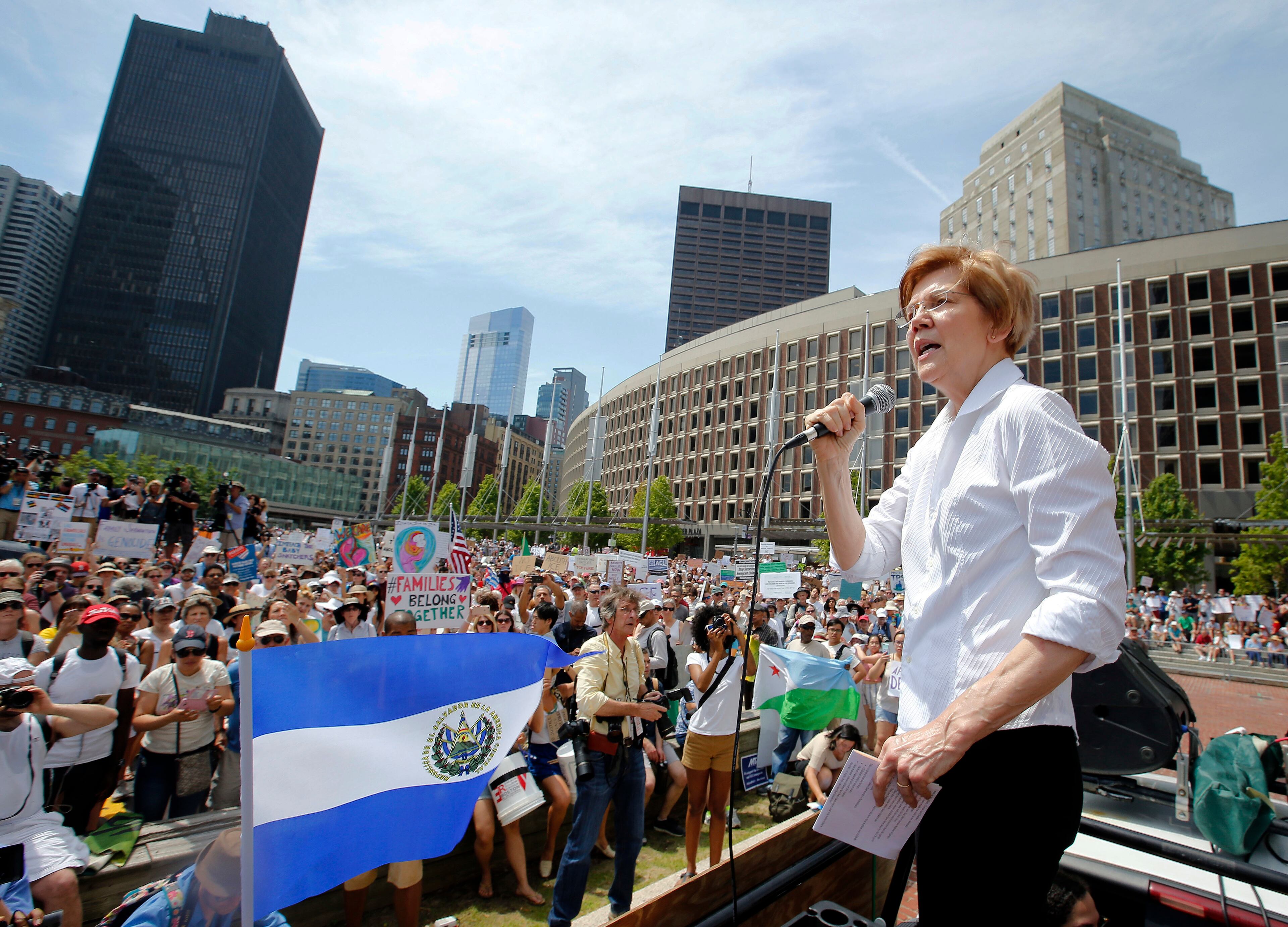 Sen. Elizabeth Warren, D-Mass., speaks during a Rally Against Separation Saturday, June 30, 2018, in Boston. (AP Photo/Winslow Townson)