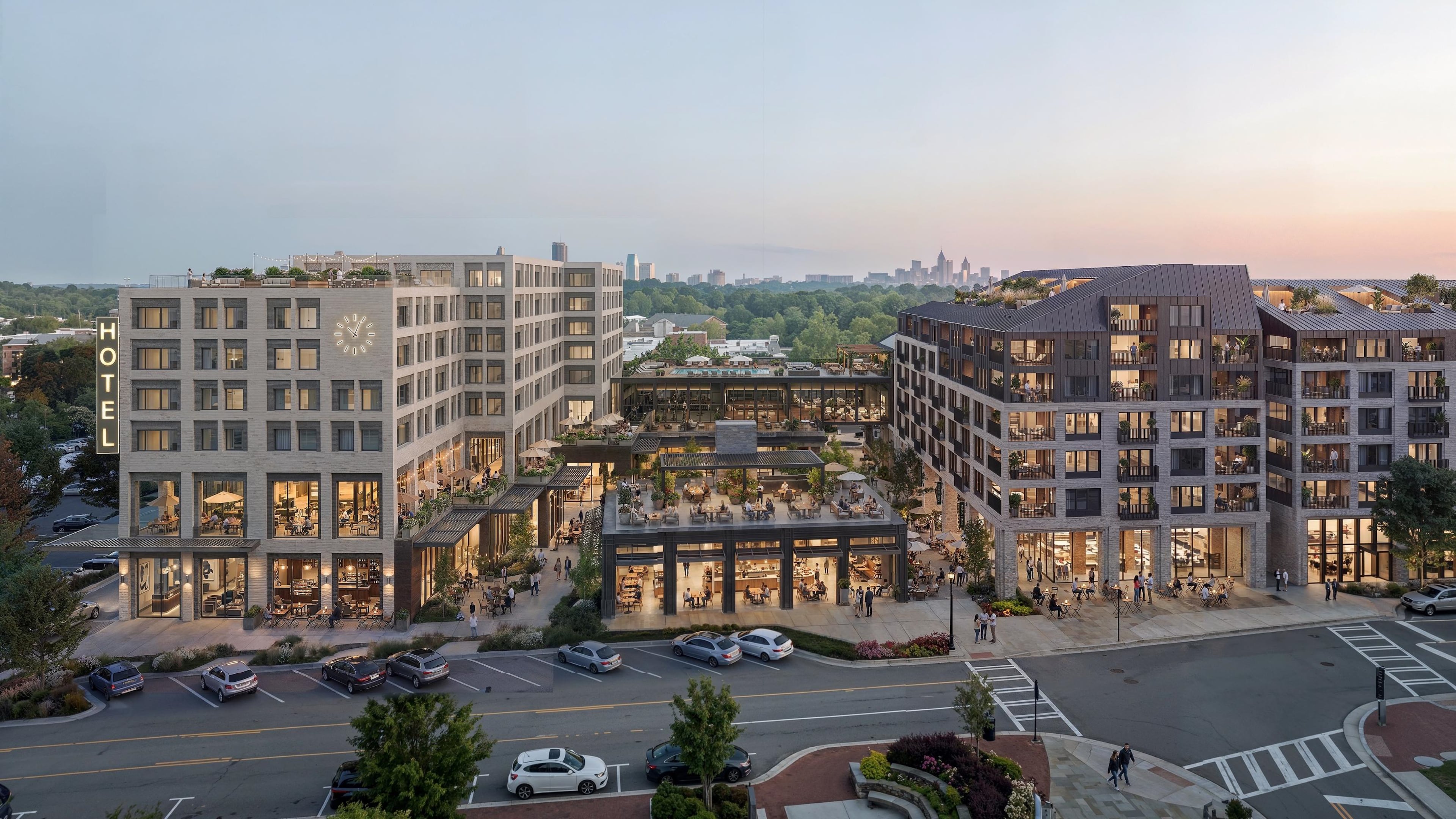Sandy Springs officials this week selected a new development team for a second phase of town center project City Springs. This rendering shows a hotel and mixed-use frontage. (Courtesy of city of Sandy Springs)