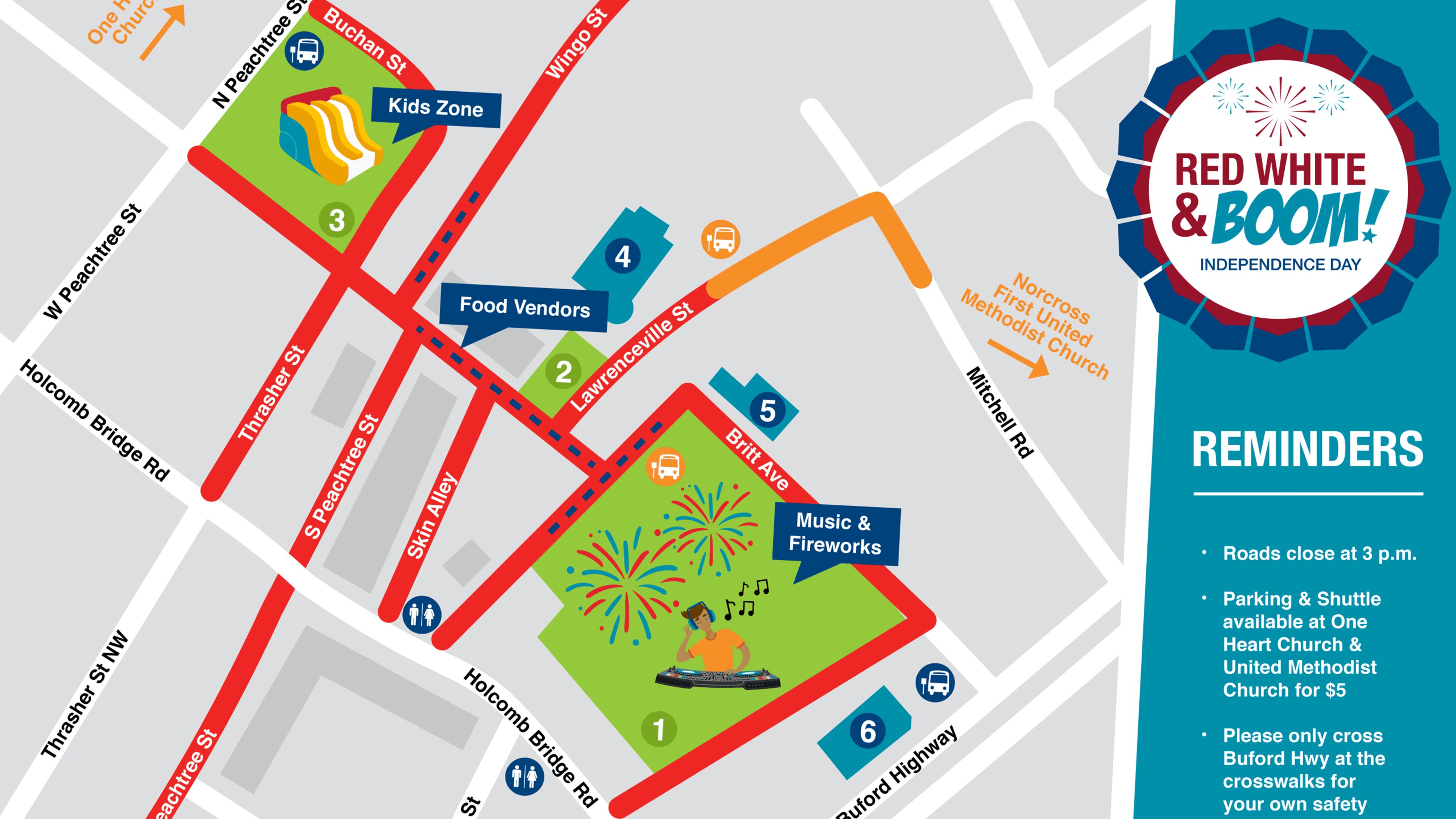 Norcross streets close at 3 p.m. July 3 for the city's Red, White & Boom event. (Courtesy City of Norcross)
