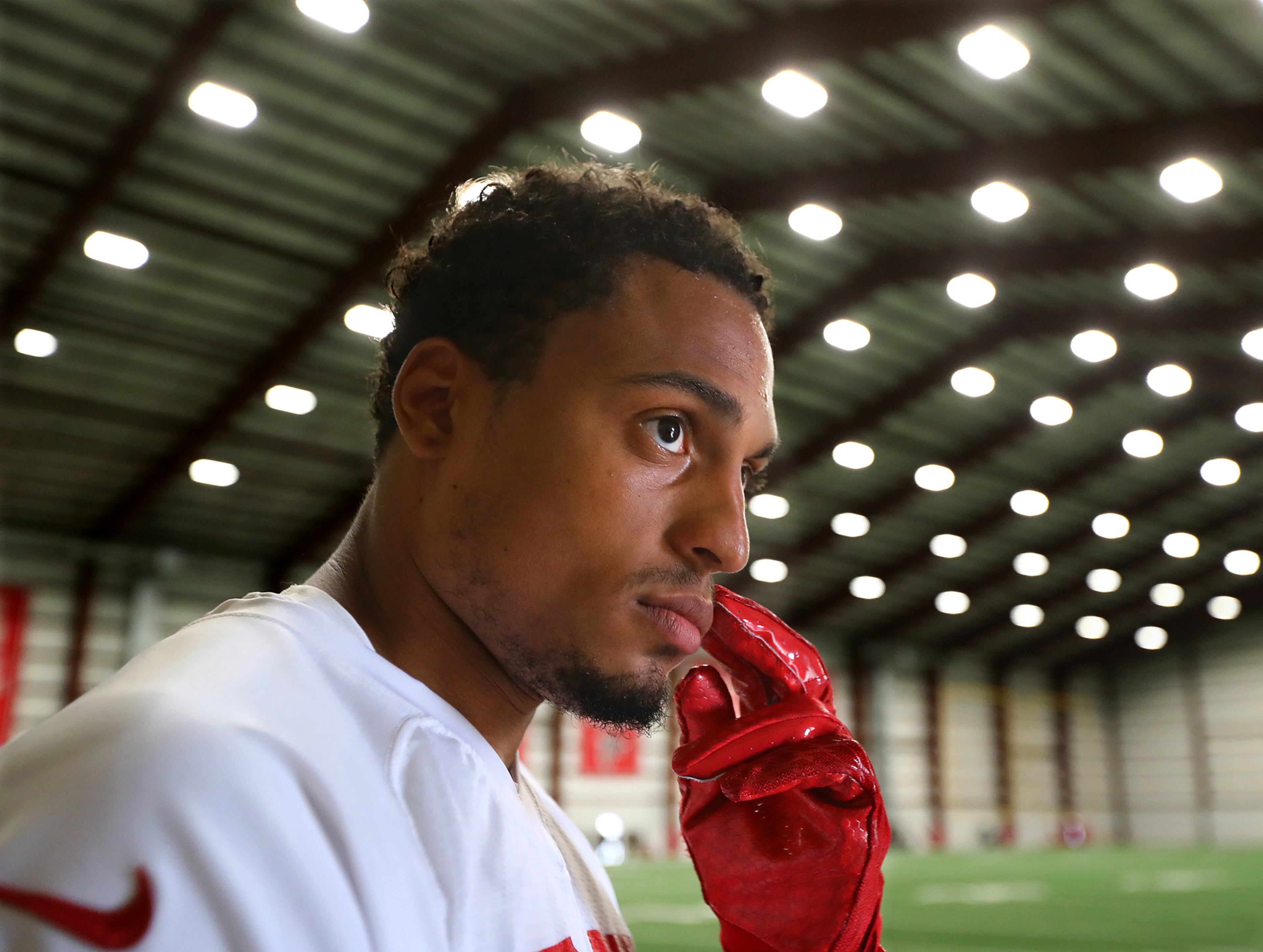June 6, 2019 Flowery Branch: Atlanta Falcons cornerback Isaiah Oliver takes questions during an interview following team practice on Thursday, June 6, 2019, in Flowery Branch. Curtis Compton/ccompton@ajc.com