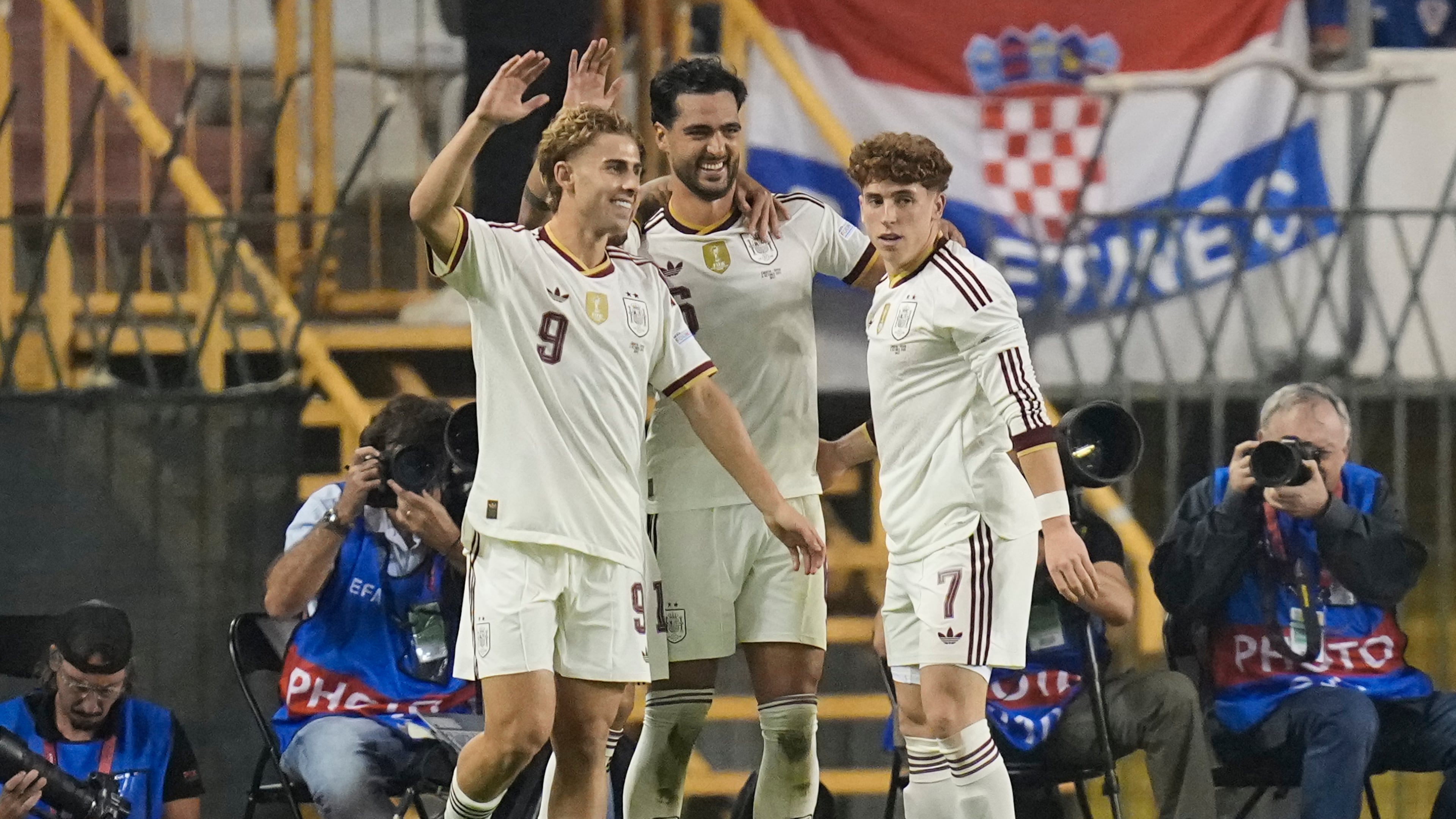 Spain's Mikel Merino, center, celebrates scoring his side's 2nd goal during a Nations League soccer match between Croatia and Spain in Split, Croatia, Tuesday, Oct. 6, 2026. (AP Photo/Darko Bandic)