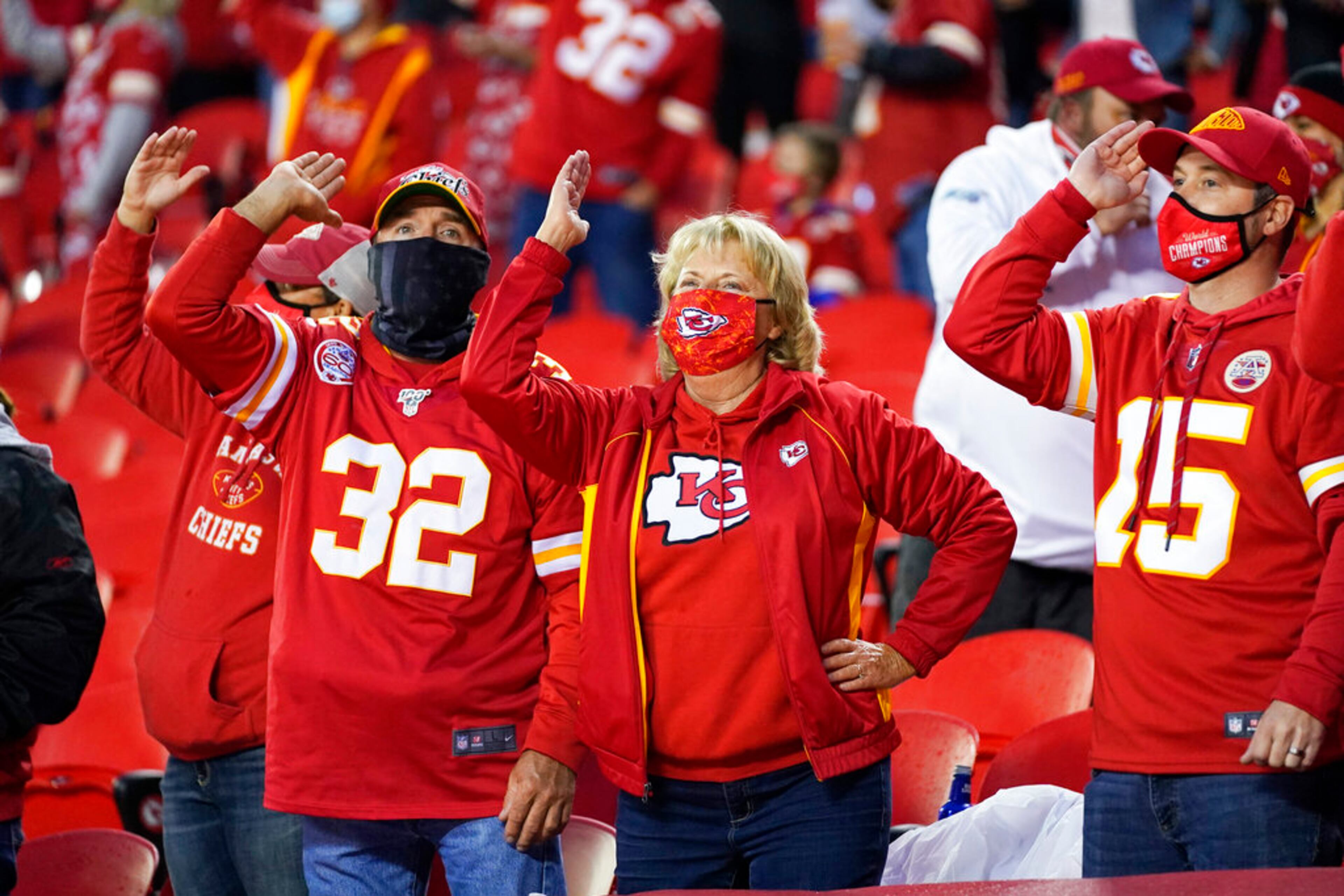 Kansas City Chiefs fans cheer in the first half of an NFL football game between the Chiefs and the Houston Texans Thursday, Sept. 10, 2020, in Kansas City, Mo. (AP Photo/Jeff Roberson)