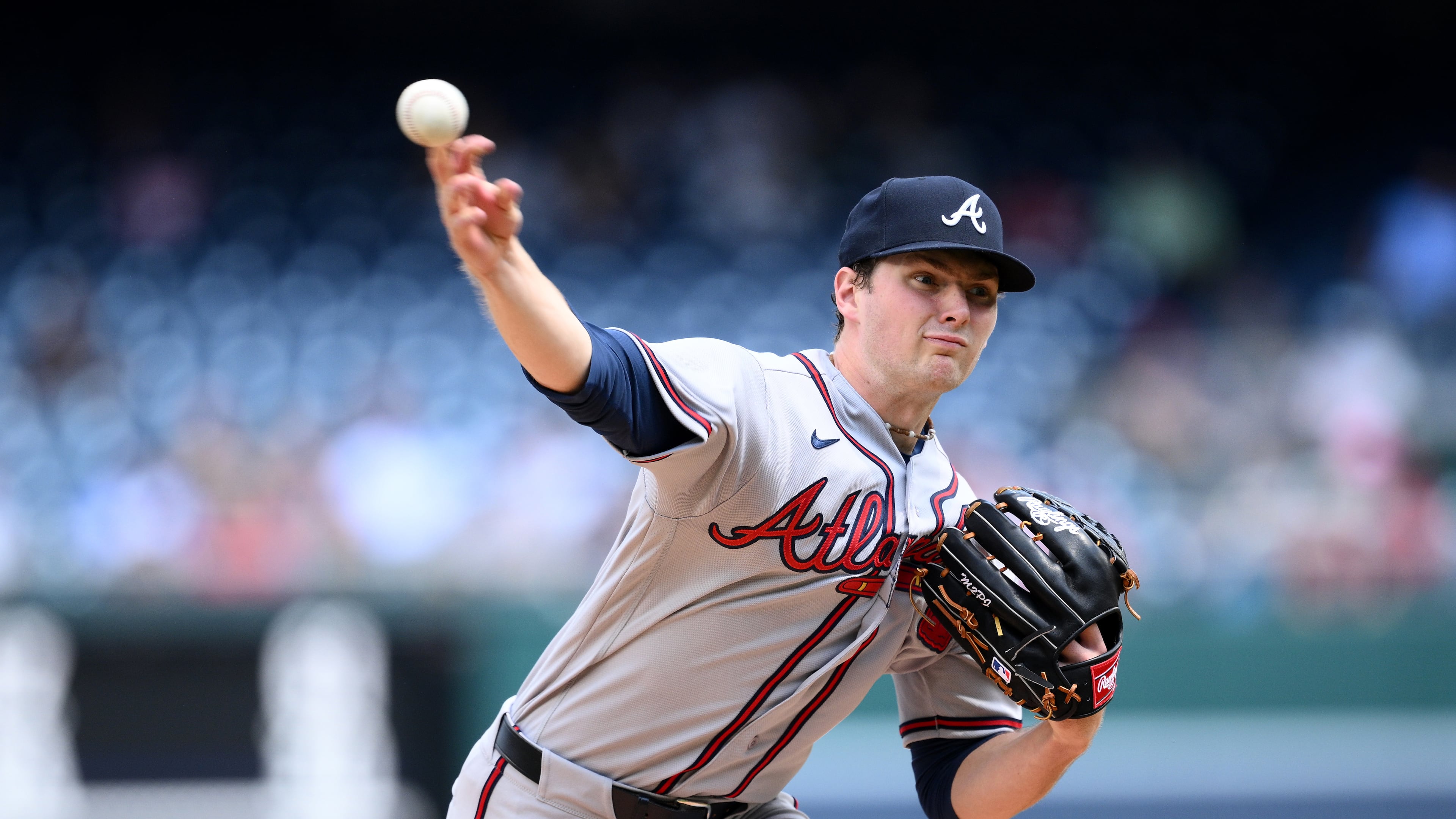 Braves starting pitcher JR Ritchie throws during the first inning against the Nationals on Thursday, April 23, 2026, in Washington. In his first major league start, Ritchie allowed a home run on his first pitch, but he settled down to allow two runs and five hits with seven strikeouts and two walks in seven innings. (Nick Wass/AP)