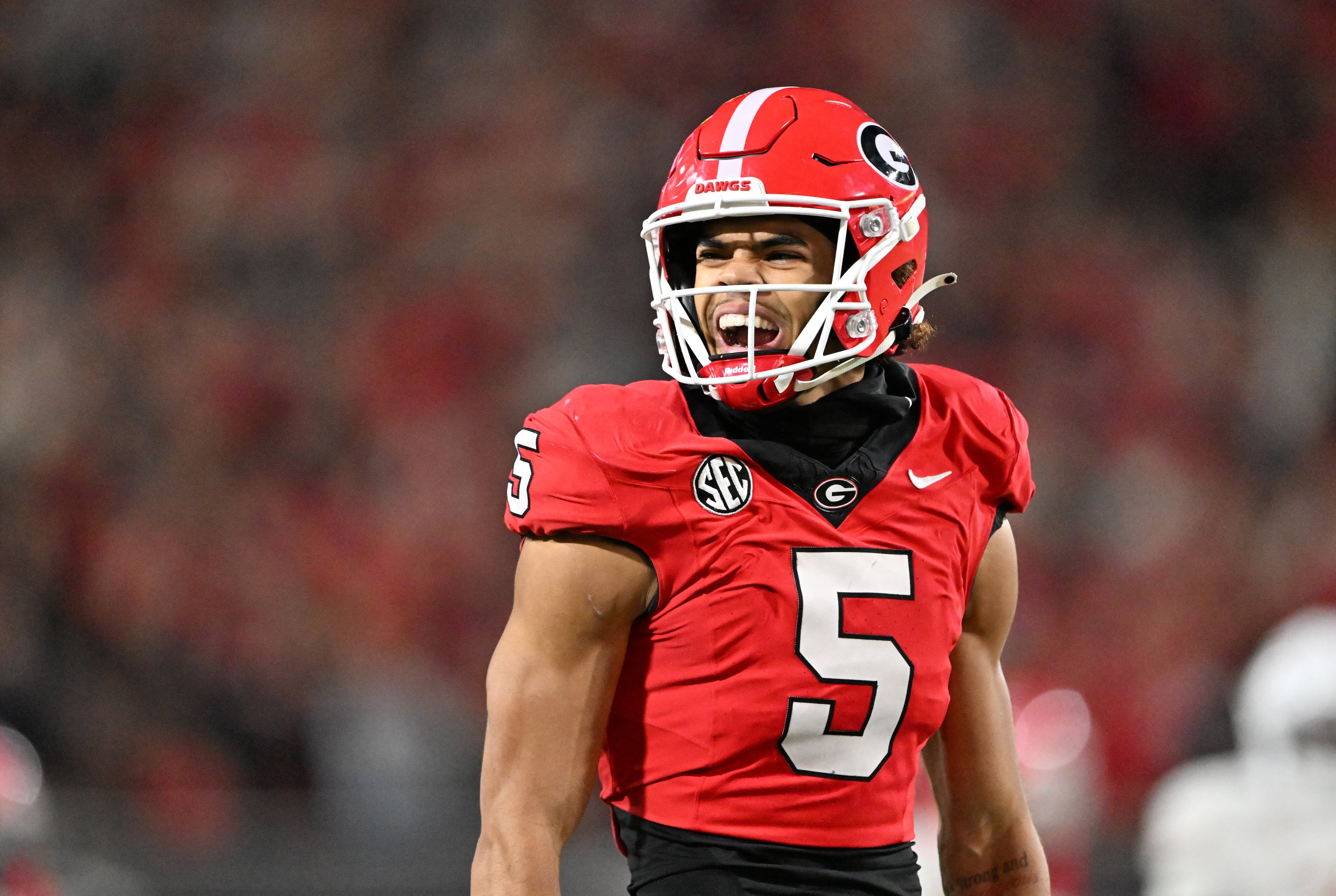 Georgia wide receiver Noah Thomas (5) reacts during the second half in an NCAA football game at Sanford Stadium, Saturday, November 15, 2025, in Athens. Georgia won 35-10 over Texas. (Hyosub Shin / AJC)
