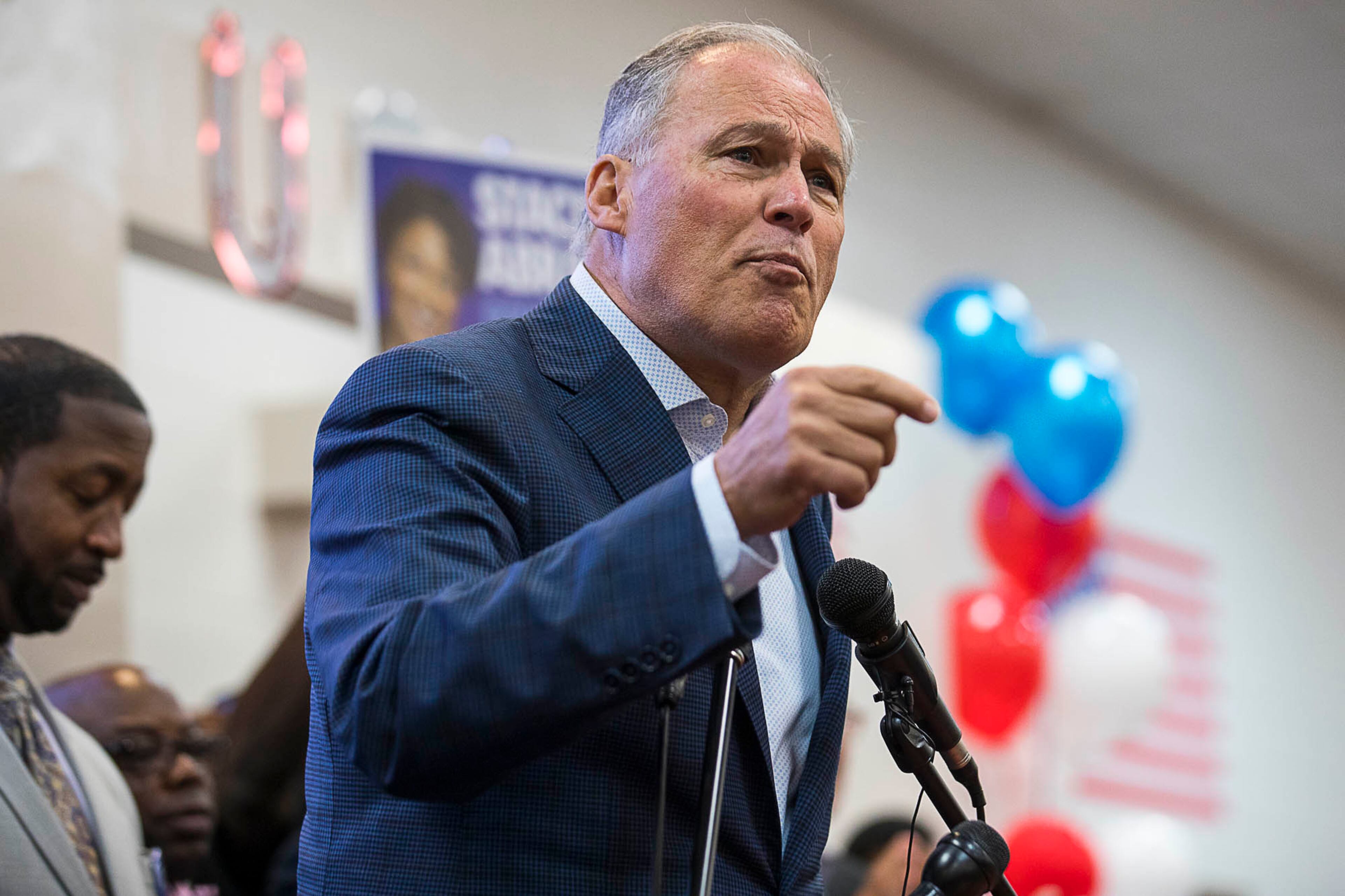 11/05/2018 -- Savannah, Georgia -- Washington Governor Jay Inslee speaks in support of Georgia gubernatorial candidate Stacey Abrams at the Longshoremen Union Hall during a "Get Out The Vote" rally in Savannah, Monday, November 5, 2018. (ALYSSA POINTER/ALYSSA.POINTER@AJC.COM)