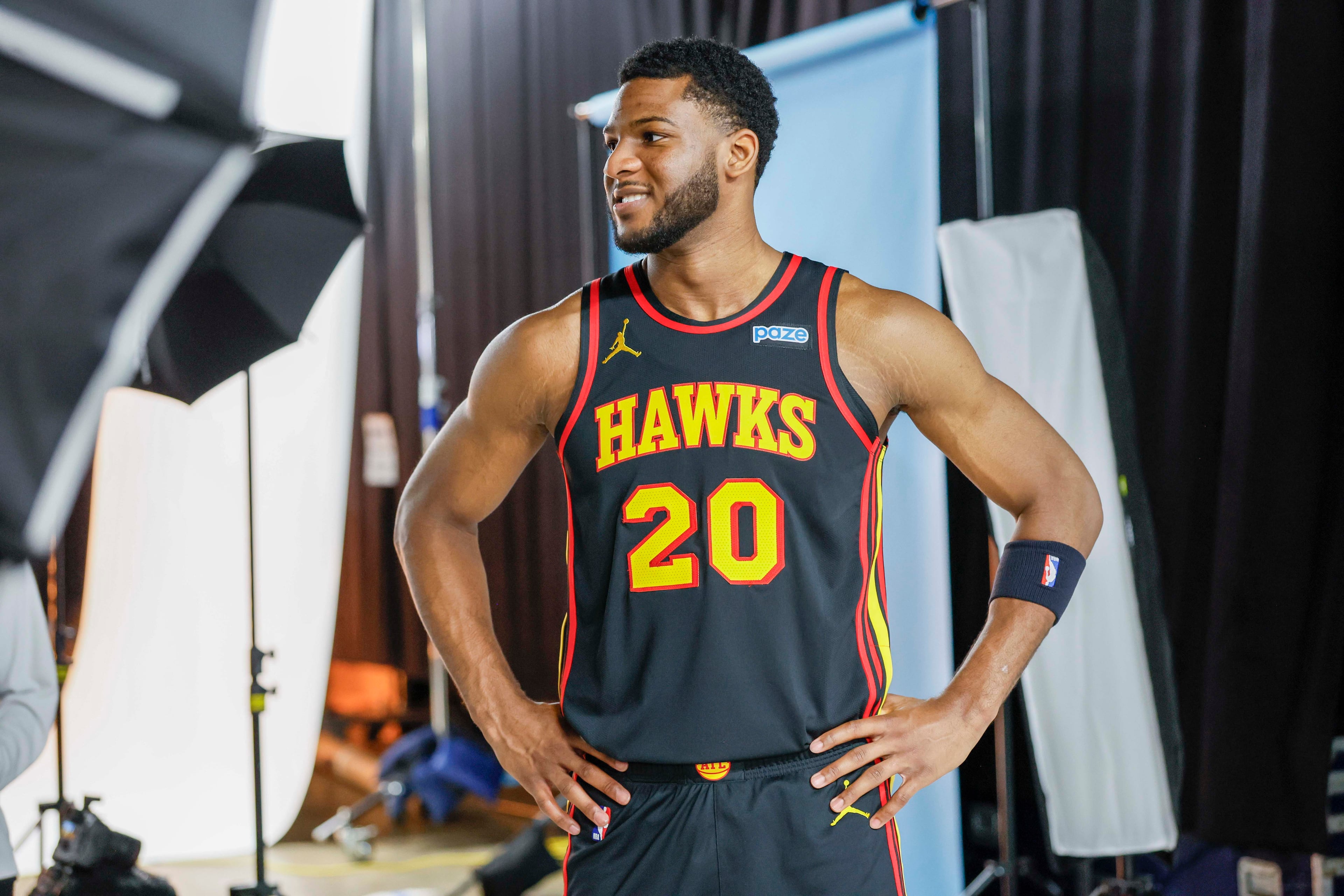 Atlanta Hawks forward Zuby Ejiofor poses for photos during the NBA team’s media day on Monday, Sept. 28, 2026, in Atlanta. (Miguel Martinez/AJC)