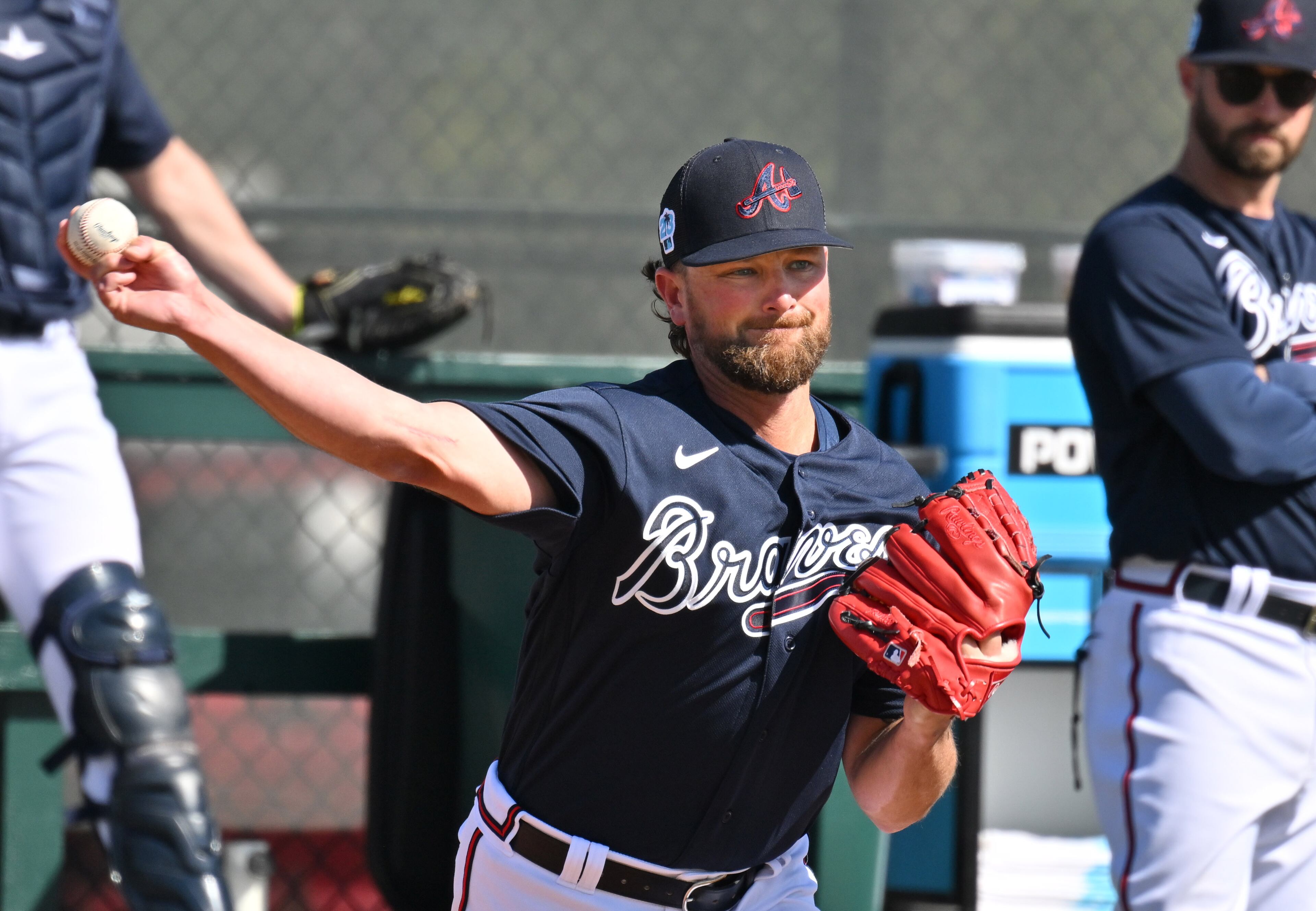 Braves pitcher Kirby Yates works out during spring training Thursday at CoolToday Park in North Port, Florida. (Hyosub Shin / Hyosub.Shin@ajc.com)