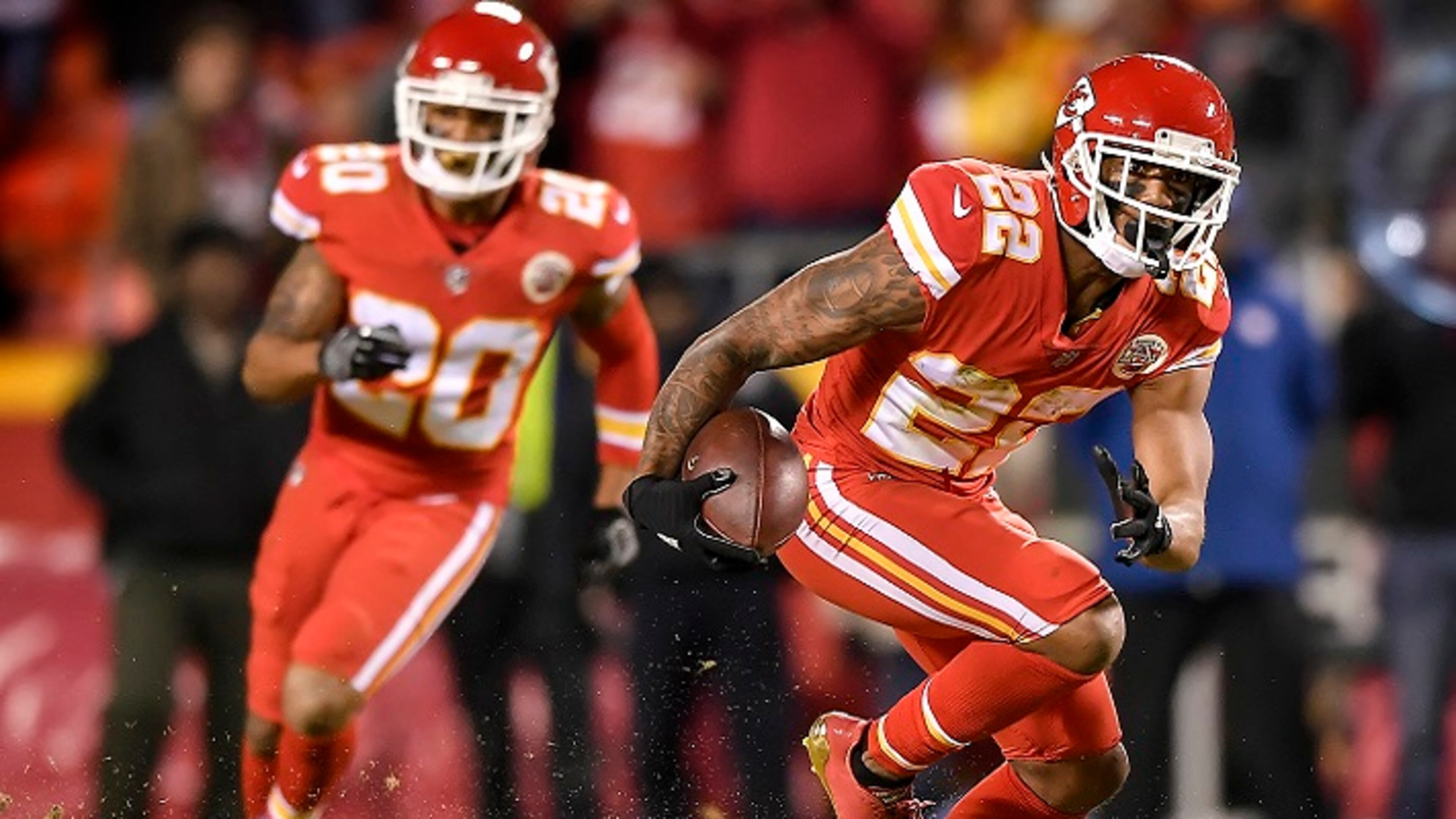 Kansas City Chiefs cornerback Marcus Peters (22) returns a fourth-quarter interception against the Los Angeles Chargers on Saturday, Dec. 16, 2017, at Arrowhead Stadium in Kansas City, Mo. (David Eulitt/Kansas City Star/TNS)