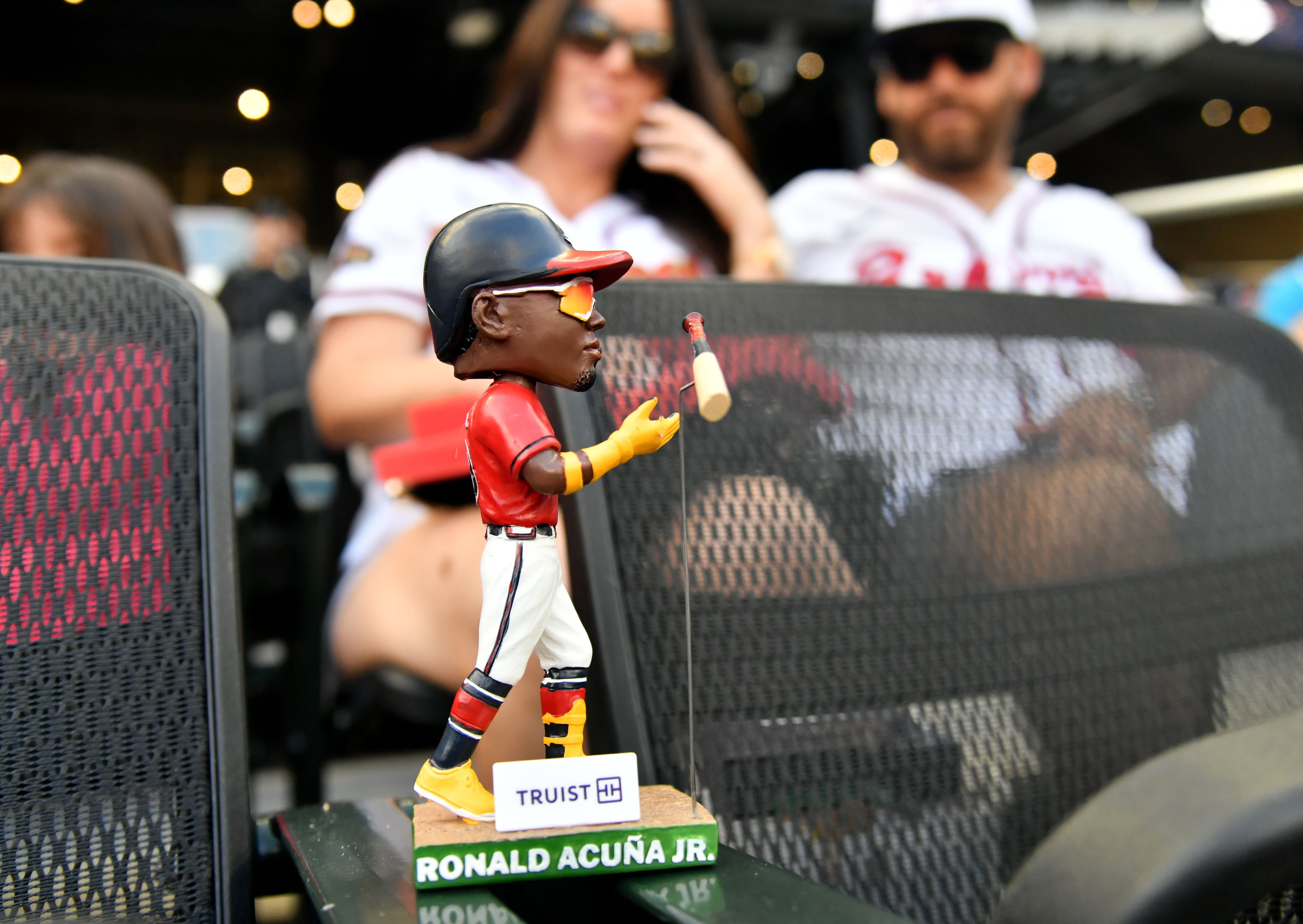 A Ronald Acuna Jr. Bat Flip bobblehead is displayed at Truist Park, Tuesday, September 19, 2023, in Atlanta. (Hyosub Shin / Hyosub.Shin@ajc.com)