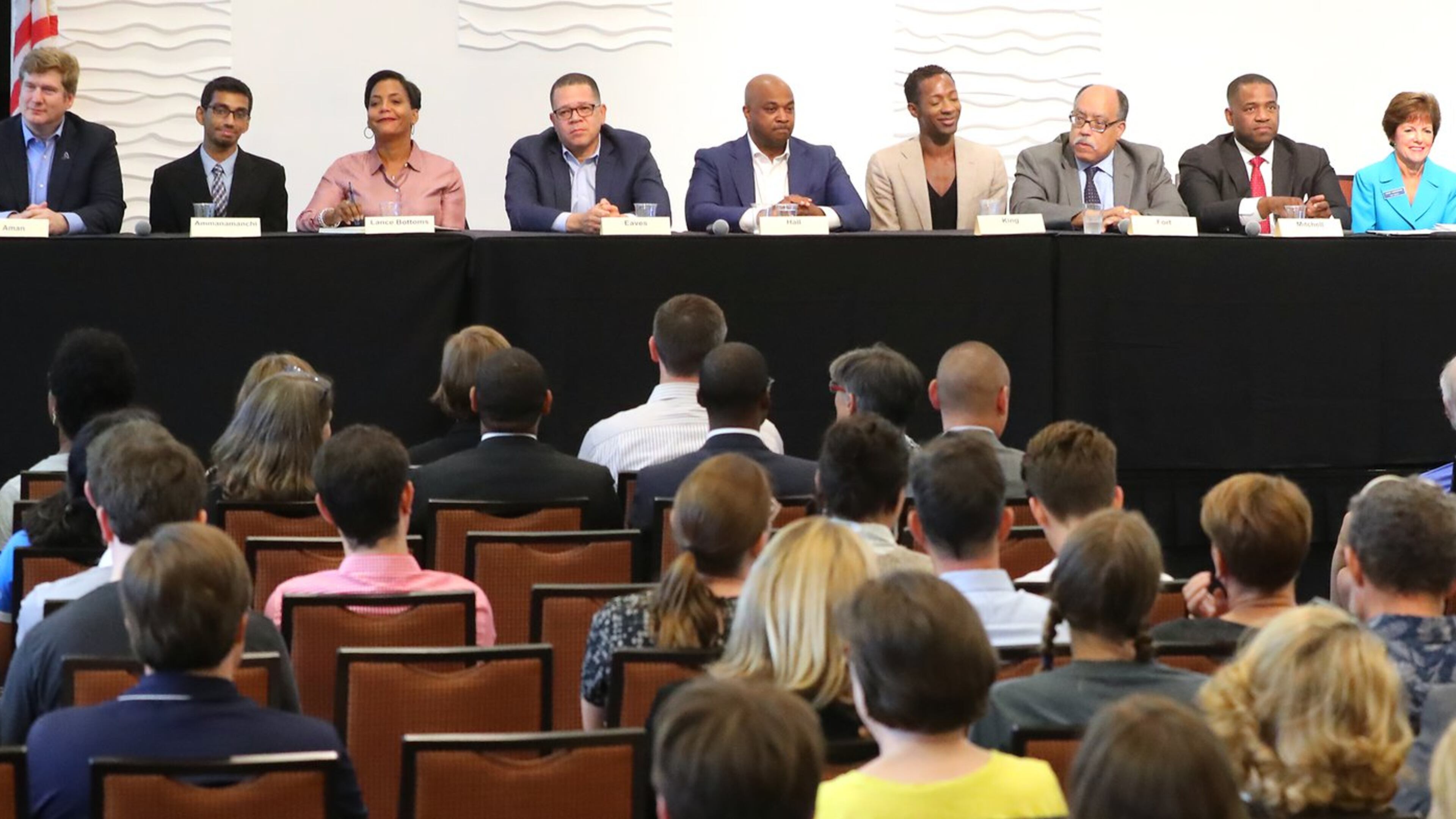 September 19, 2017 Atlanta: Atlanta candidates for mayor Peter Aman (from left), Rohit Ammanamanchi, Keisha Lance Bottoms, John Eaves, Kwanza Hall, Laban King, Vincent Fort, Ceasar Mitchell, Mary Norwood, Michael Sterling, Cathy Woolard, and Glenn Wrightson participate in a mayoral forum at the Loudermilk Conference Center on Tuesday, September 19, 2017, in Atlanta. Curtis Compton/ccompton@ajc.com